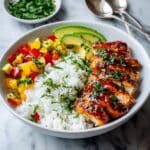Cilantro-Lime Honey Chicken Bowls with Peach Salsa and Rice Recipe