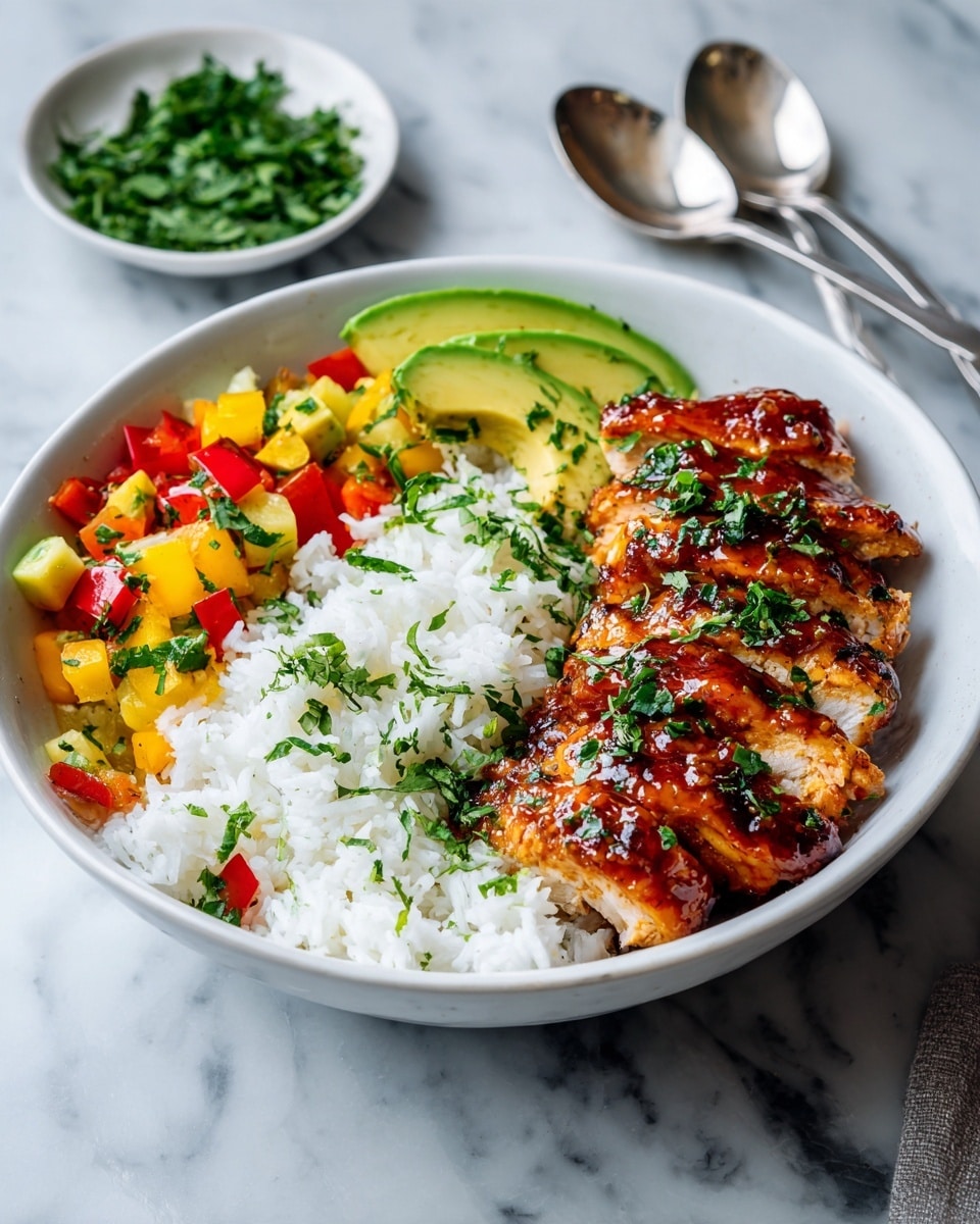 Cilantro-Lime Honey Chicken Bowls with Peach Salsa and Rice Recipe