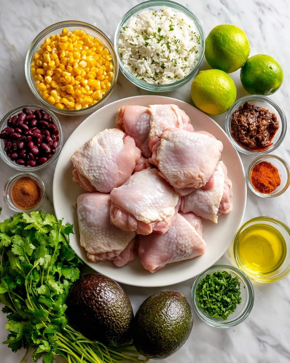 A white plate at the center holds several raw pink chicken thighs with smooth, moist texture. Around it lie clear glass bowls filled with ingredients: bright yellow corn, dark brown beans, white rice with green herbs, white sour cream, red chopped onions, red sauce, brown dried tomatoes, and pale yellow olive oil. Two whole dark green avocados rest beside the bowls. Also visible are small glass bowls with green chopped herbs, green lime zest, black pepper, orange powder, and white salt. Two whole limes and a small bowl with lime juice are placed near fresh green cilantro bunches on a white marbled surface. The photo taken with an iphone --ar 4:5 --v 7