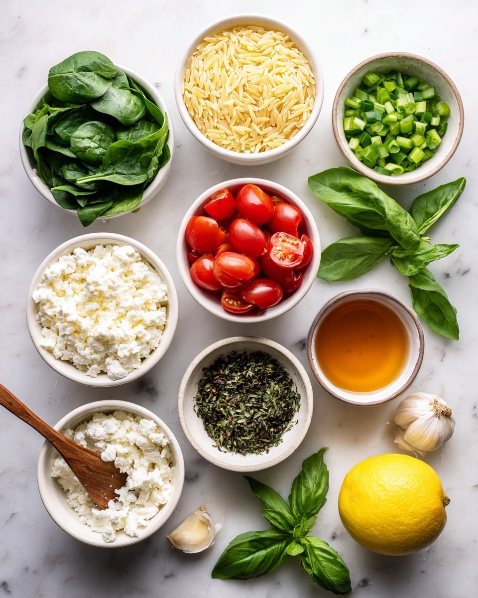 The image shows eight small white bowls and one lemon half arranged neatly on a white marbled surface. Each bowl holds a different ingredient: one with fresh spinach leaves that are dark green and slightly shiny, another with light yellow uncooked orzo pasta, a bowl filled with bright red halved grape tomatoes, and a bowl of white crumbly cheese. There is also a bowl of chopped green onions with a fresh green color, one holding a dark mixed herb blend with a wooden spoon resting in it, and a bowl filled with amber-colored liquid, possibly honey or syrup. Between these, there is a small whole clove of garlic and a bright yellow lemon cut in half, showing its juicy interior. A bunch of fresh green basil leaves sits beside the bowls. The white marbled background contrasts softly with the vibrant colors of the ingredients. photo taken with an iphone --ar 4:5 --v 7