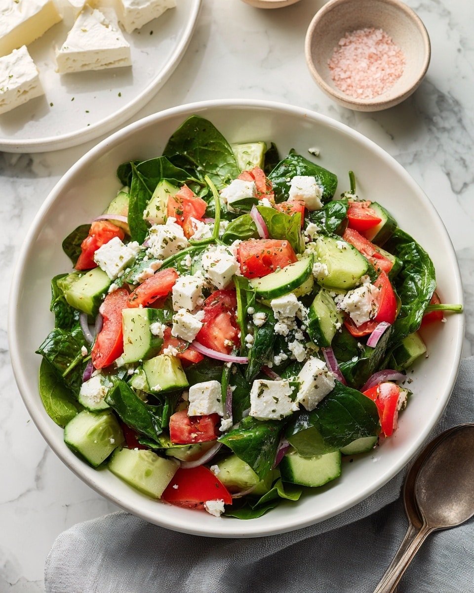 A white bowl filled with a fresh salad, starting with a base layer of dark green spinach leaves. On top of the leaves, there are bright red tomato pieces and light green cucumber slices with a slightly bumpy texture. Scattered around the salad are chunks of white cheese with a crumbly texture. The salad sits on a white marbled surface, with a white plate holding more cheese slices in the background and two small round bowls with pinkish salt nearby. A soft gray cloth is partly under the bowl. The photo taken with an iphone --ar 4:5 --v 7