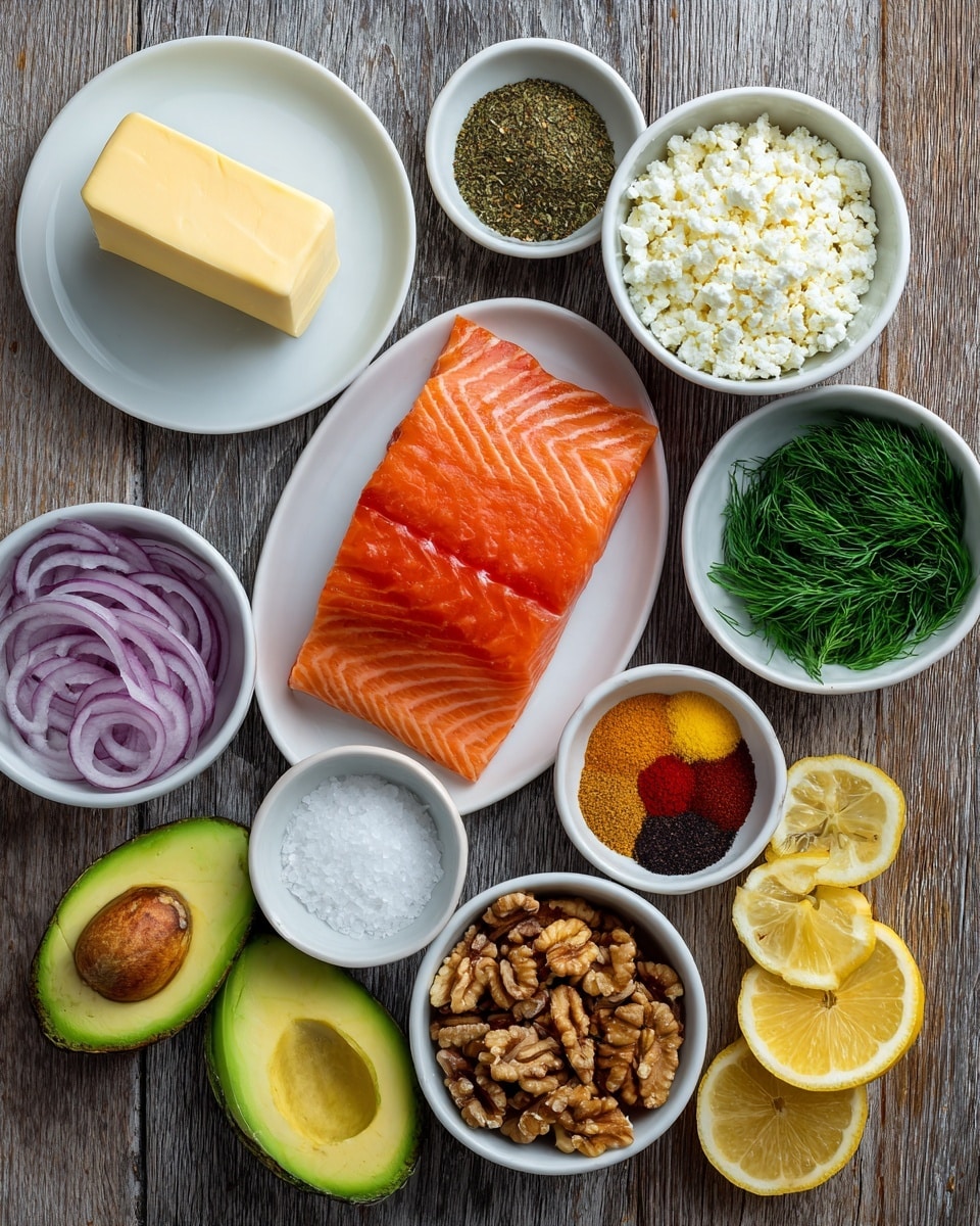 The image shows a white plate in the top left corner with a piece of raw salmon that is bright orange with light white marbling lines. Surrounding it on a wood textured surface are small white bowls with different ingredients: one has a pale yellow stick of butter, another contains a small amount of white salt and some brown spices, a larger bowl has neatly arranged colorful spices including red, yellow, brown, and black in sections, another bowl filled with sliced thinly red onion rings, and one more bowl with white crumbled cheese. There is a small bowl of fresh green dill leaves mixed with brown walnuts. Also on the board are two halves of a ripe green avocado with a brown seed in one half, a lemon cut into quarters with one piece lying next to the avocados and another half lemon on the right side. The surface is wood textured, behind all the items. photo taken with an iphone --ar 4:5 --v 7