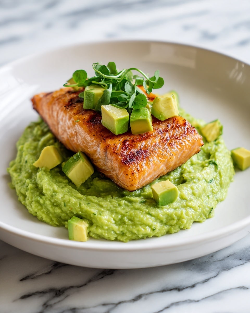 A white plate holds a bed of light green mashed avocado spread in a circular shape as the base layer with a smooth, creamy texture. On top, there is a thick piece of cooked salmon with a golden-brown, slightly crispy surface showing light grill marks. Scattered over the salmon are small green avocado cubes and a few fresh green herb leaves, adding texture and color contrast. The plate sits on a white marbled surface, and the image has natural lighting highlighting the freshness of the dish. Photo taken with an iphone --ar 4:5 --v 7