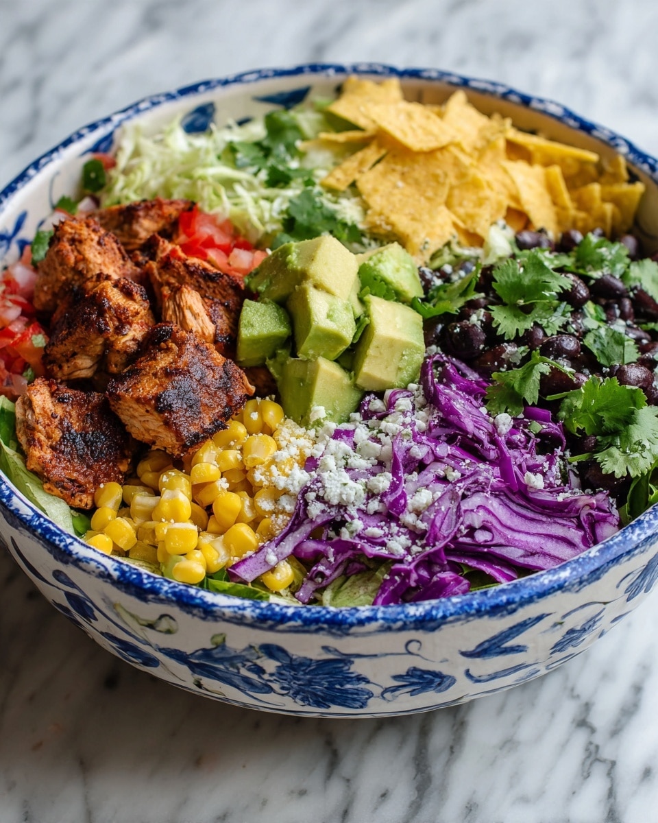 A white bowl with blue floral patterns is filled with a colorful layered salad. The bottom layer has pieces of black beans, yellow corn, and chopped red bell peppers mixed with dark green herbs. On top, there are shredded purple cabbage, chunks of grilled chicken with a brown char, and several small chunks of bright green avocado placed near the center. Crumbled white cheese is sprinkled over the dish with broken yellow tortilla chips. Fresh cilantro leaves are scattered on top, adding a bright green contrast. The bowl sits on a white marbled surface. Photo taken with an iphone --ar 4:5 --v 7