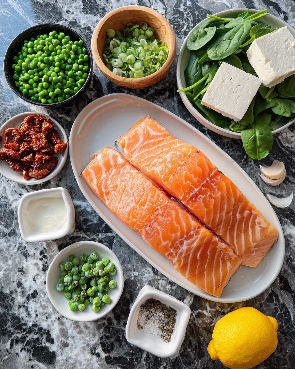 Two large pieces of raw orange salmon fillets with light white stripes lie flat on a white oval plate in the center of the image. Around the plate, there are several small white bowls and dishes filled with ingredients: a bowl of green peas at the bottom, chopped sun-dried tomatoes in a small dish on the left, chopped green onions in a black bowl above, a large bowl of fresh green spinach leaves at the top right, a cube of white tofu in a small wooden bowl on the upper left, small bowls containing white sauce, salt and pepper, and dried herbs, and a single piece of garlic next to the sauce. A bright yellow lemon sits at the lower right corner. All items rest on a rough dark gray surface with white marble patterns. photo taken with an iphone --ar 4:5 --v 7