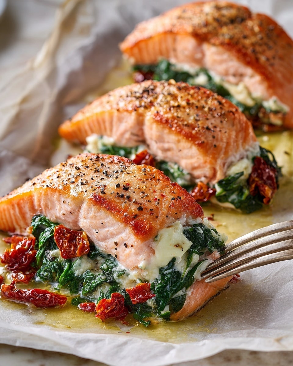The image shows three pieces of cooked salmon fillets arranged on a parchment paper surface with a white marbled texture underneath. Each salmon fillet is slightly thick and has a pinkish-orange color with a light sear on top and a sprinkle of black pepper. The salmon is opened like a pocket, revealing a three-layer filling inside. The innermost layer is creamy white cheese with a soft texture. Above this, there is a layer of bright green cooked spinach with a leafy texture. The top layer contains small chunks of reddish-brown sun-dried tomatoes adding contrast. Some of the filling is spilling out, showing the melting cheese and spinach. The photo focuses closely on the front salmon piece with a silver fork touching it on the right side. The whole scene is bright and detailed, with golden cooking juices pooling beneath the salmon. photo taken with an iphone --ar 4:5 --v 7