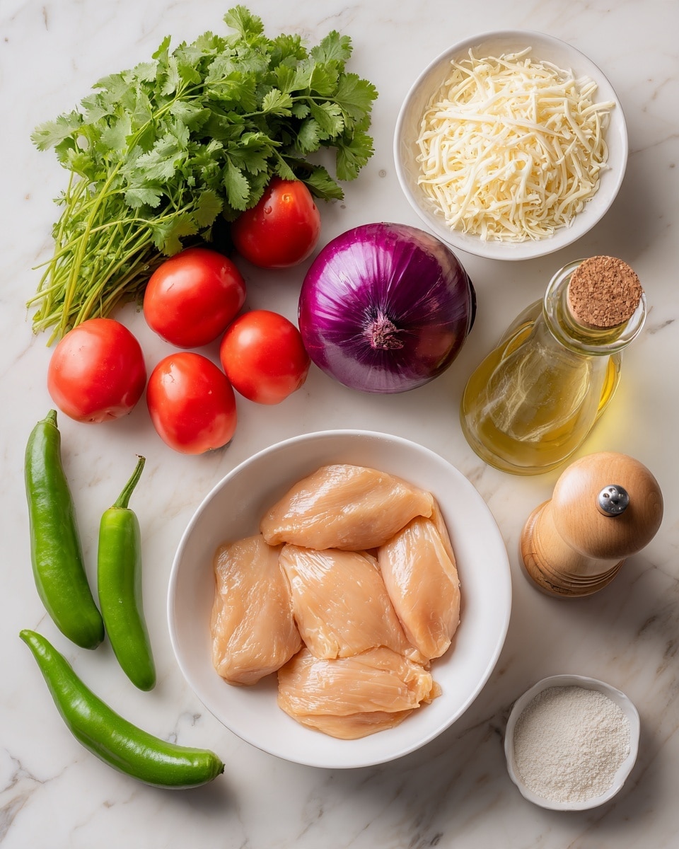 A white bowl holds four smooth, pale orange chicken pieces with a slightly shiny texture, resting at the center bottom. To the left, a bunch of fresh green cilantro with leafy stems spreads out, near seven red tomatoes, two green peppers, one purple onion, and one lime. Above and slightly to the right, a white bowl is filled with shredded white cheese. Next to it, a clear glass bottle with a cork holds a light yellow oil. To the far right, two light brown wooden salt and pepper shakers stand side by side, while a small white dish with white powder sits below them. All items are laid out on a white marbled surface. photo taken with an iphone --ar 4:5 --v 7