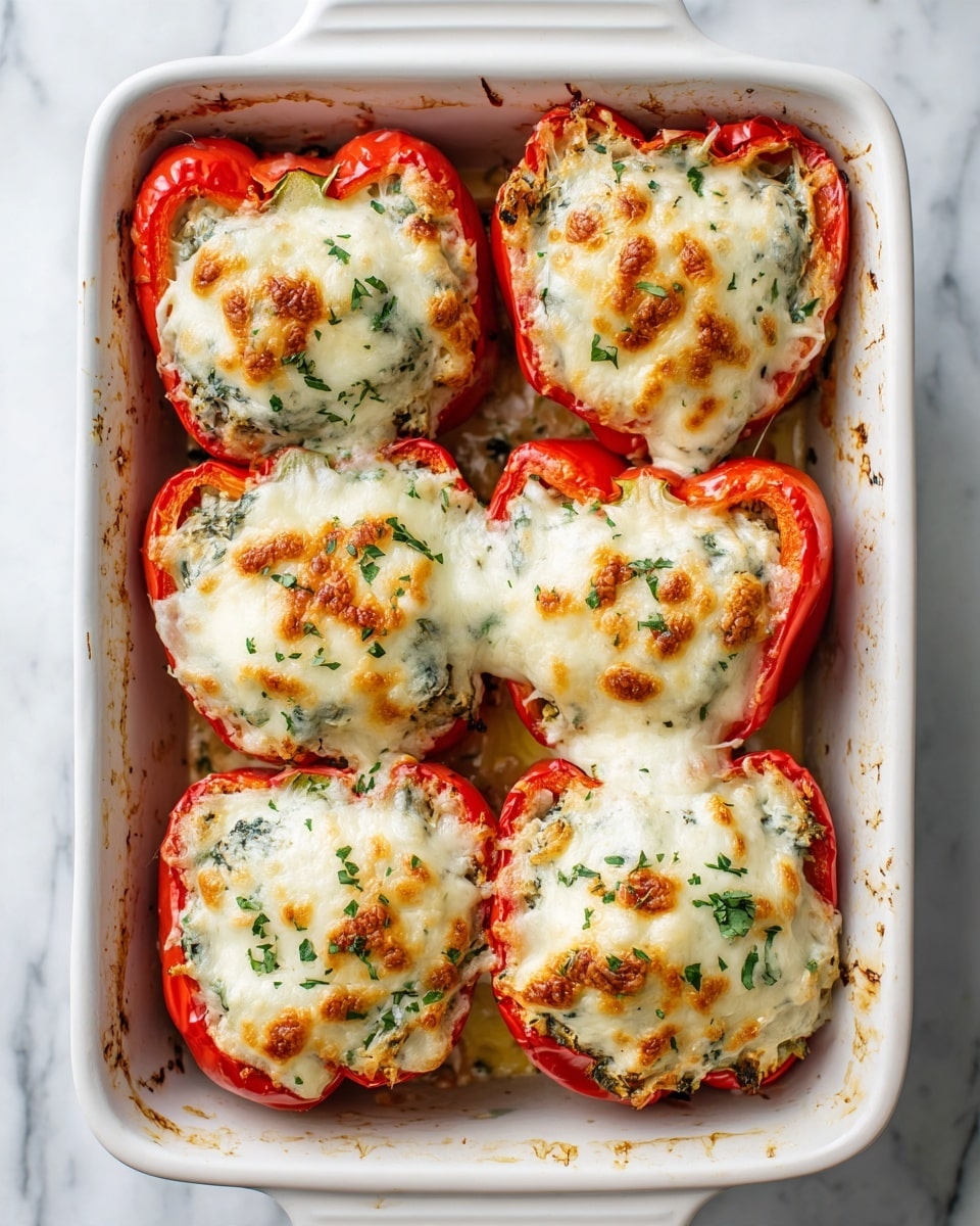 This image shows a white baking dish with six layered pieces of stuffed red bell peppers arranged in two rows. Each pepper slice is topped with a thick, melted layer of white cheese that is browned and bubbly in spots, with some green chopped herbs sprinkled on top. Beneath the cheese, the filling is visible through slight gaps, showing a mix of red and green ingredients with a soft texture. The sides of the white baking dish have slight browned spots from baking. The background is a white marble texture. Photo taken with an iphone --ar 4:5 --v 7