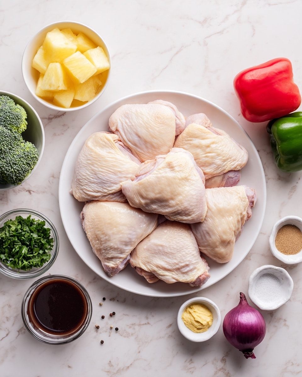 The image shows six raw chicken thighs with skin placed in the center of a white plate, arranged in a loose circular pattern. Around this plate, there are small white bowls and items placed on a white marbled surface. Starting from the top left, there is a bowl of pale yellow pineapple chunks, below it a small bunch of green broccoli florets. At the bottom left, there is a white bowl with thick dark brown sauce, and next to it a small clear bowl with a dark liquid. On the top right side, a red bell pepper and a green bell pepper are placed side by side. Below the peppers is a small white bowl with fresh chopped green herbs, and next to it is a small white bowl with a medium brown sauce. At the bottom right, there is a small grouping of white salt, black pepper, and a pale yellow dollop of mustard or paste. Finally, a whole small red onion is placed near the bottom center edge. The photo is taken with an iphone --ar 4:5 --v 7