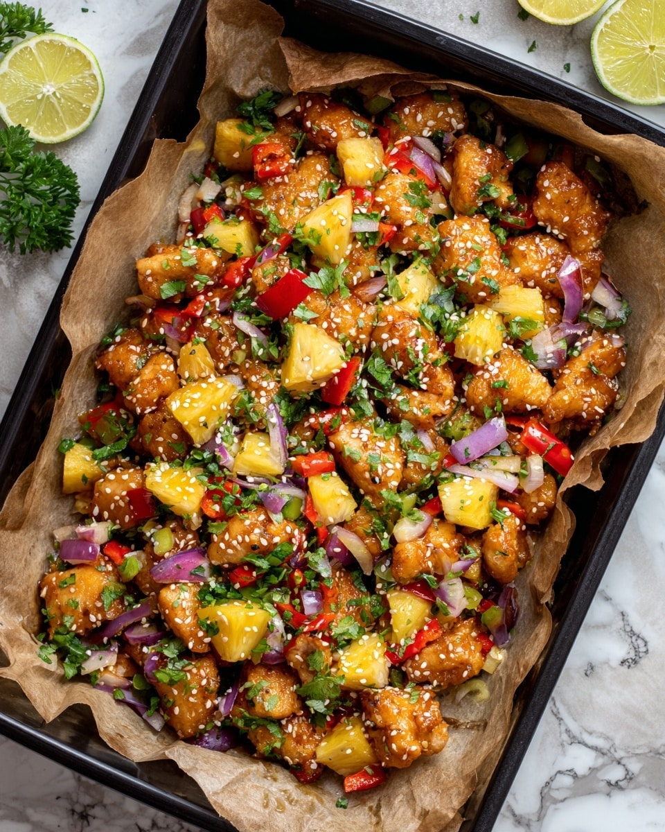 A black baking pan lined with brown parchment paper holds a dish made of many pieces of cooked golden brown chicken, mixed with diced red and green bell peppers and red onions as the first layer. On top, there are scattered pale yellow pineapple chunks and white sesame seeds. The dish is sprinkled with fresh green parsley leaves, adding a fresh look. The background has a white marbled texture with parts of a cut lime and lemon visible at the edges. Photo taken with an iphone --ar 4:5 --v 7