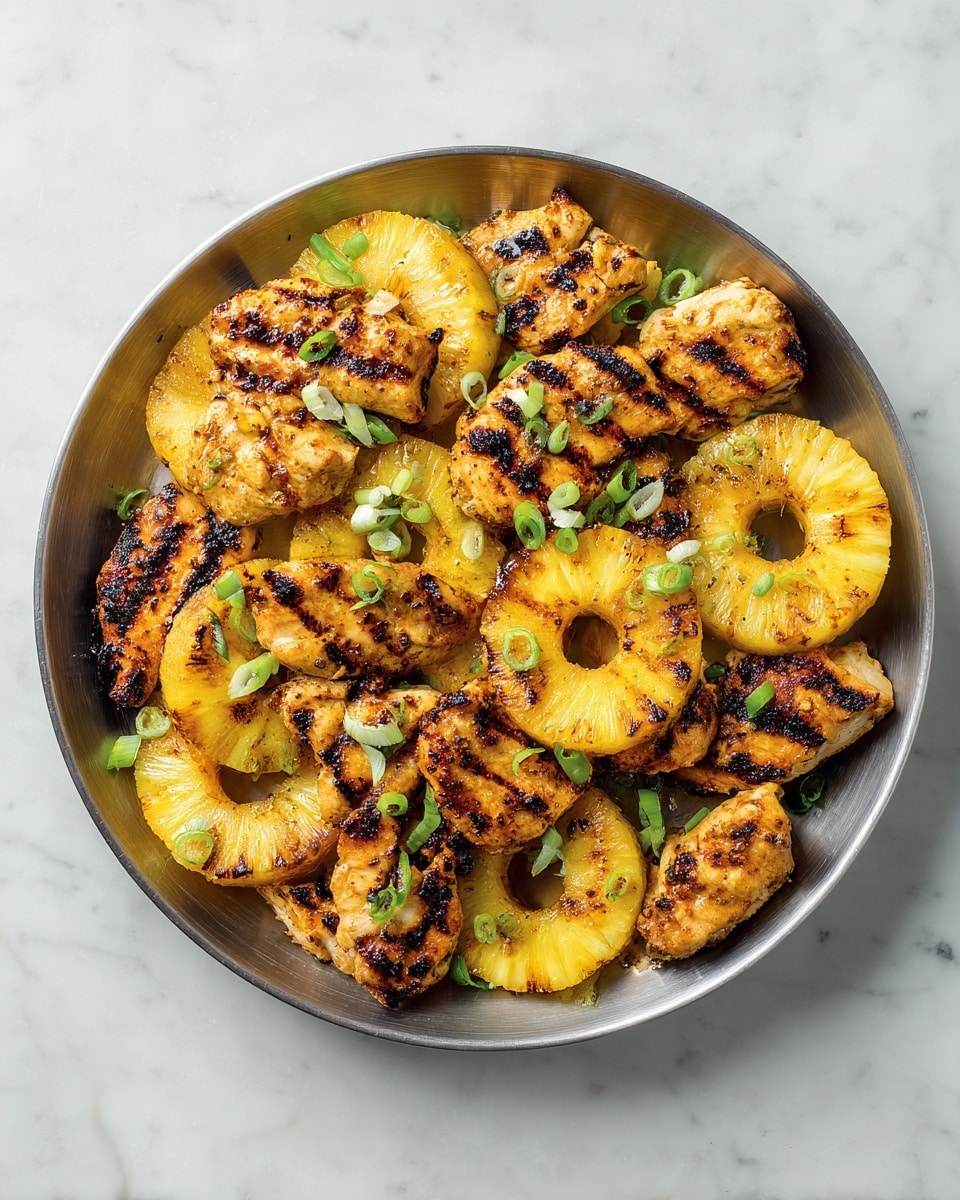 In a round metal pan, several golden-brown grilled chicken pieces are mixed with bright yellow pineapple rings. The chicken has a slightly charred texture, showing grilled marks and a crispy look. The pineapple rings are juicy and shiny, with some lightly browned spots from cooking. Scattered green onion slices add small pops of vibrant green color on top, giving a fresh touch. The dish rests on a white marbled surface, creating a clean and simple background that makes the food stand out. photo taken with an iphone --ar 4:5 --v 7