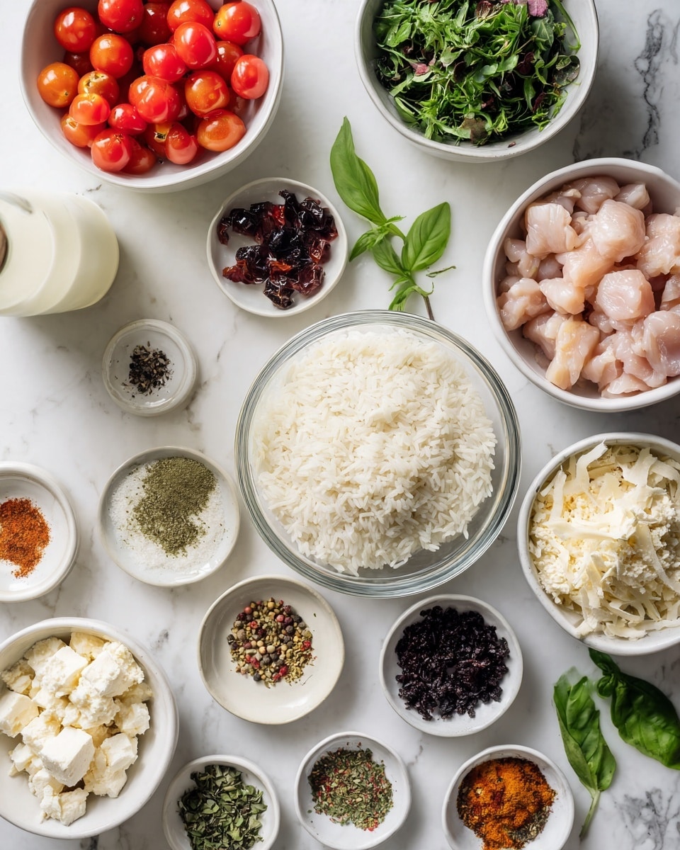 A top-down view of multiple white bowls placed on a white marbled texture, each filled with different ingredients. Starting from the top left, a white bowl filled with bright red cherry tomatoes, next to a bottle of white liquid. To the right, another white bowl with fresh green leafy herbs. Below that, a large white bowl with raw light pink pieces of chicken. In the center, a medium clear glass bowl full of cooked white rice. Surrounding the center bowl, smaller white plates hold white crumbled cheese, dark dried ingredients, and various assortments of spices and green herbs arranged in colorful piles. The scene is clean and bright, showing the fresh and vibrant colors of the ingredients photo taken with an iphone --ar 4:5 --v 7