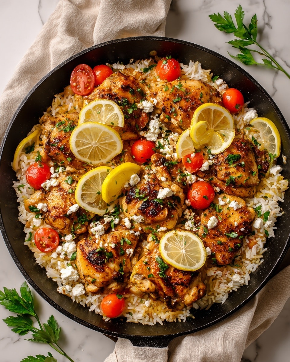 A black skillet holds a layered dish with golden-brown seasoned chicken pieces on top. Under the chicken, there is a layer of finely chopped light purple onions and white rice mixed together. Scattered on top are halved bright red cherry tomatoes and small white cheese crumbles. Fresh green parsley sprigs are placed around the dish, adding color. Thin yellow lemon slices lie on top of the chicken and rice, creating a vibrant contrast. The skillet rests on a white marbled surface with a soft beige cloth partially visible beneath it. photo taken with an iphone --ar 4:5 --v 7