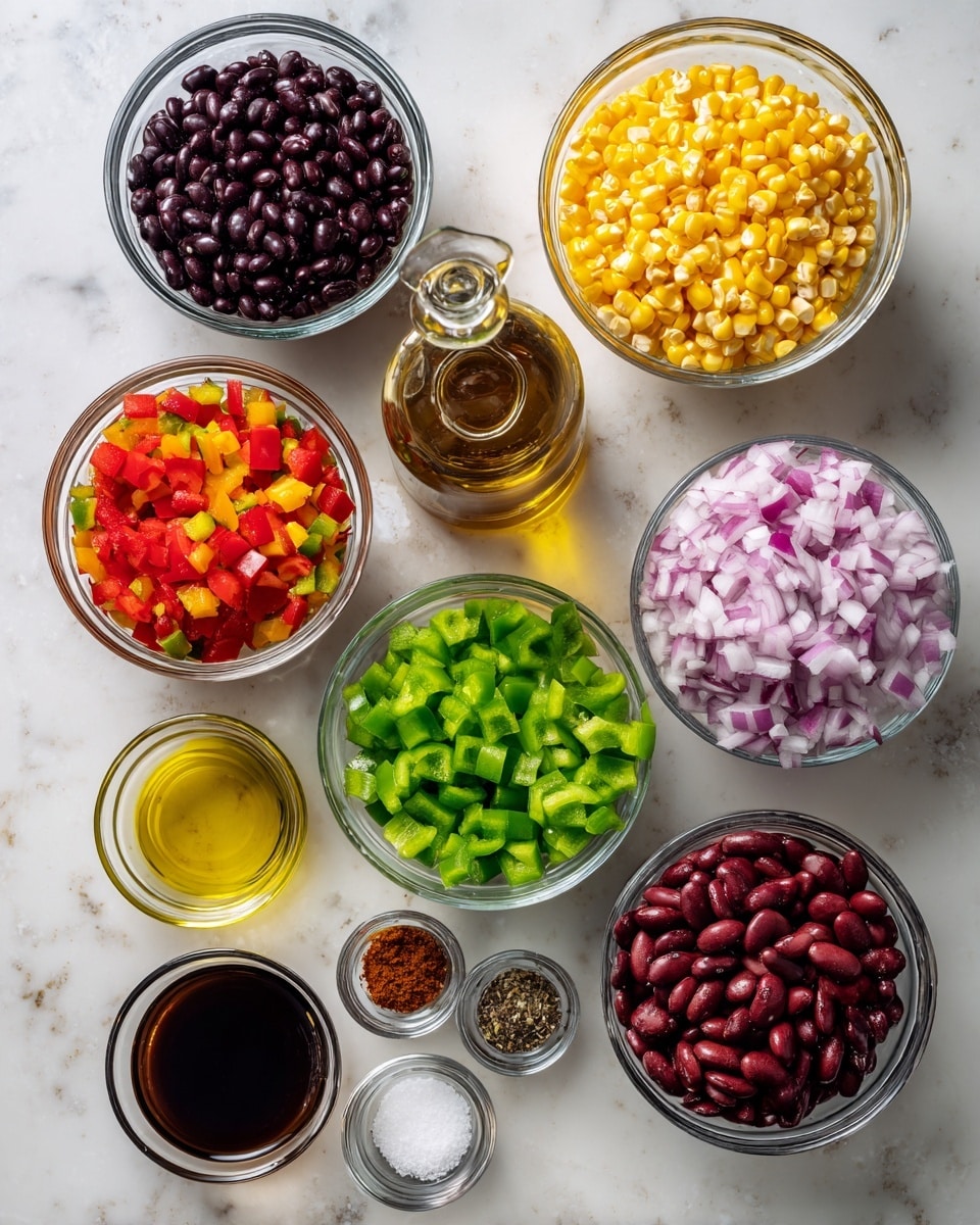 The image shows a top view of several clear glass bowls arranged on a white marbled surface, each filled with different colorful ingredients. There are deep purple-black beans in one bowl, vibrant yellow corn kernels in a larger bowl, and bright red diced bell peppers alongside fresh green diced bell peppers in two other bowls. A bowl with light pinkish-white beans, a bowl filled with finely chopped red onions showing purple and white layers, and another bowl with red kidney beans create a mix of colors. Small glass containers hold seasonings and liquids such as dark brown liquid, light yellow olive oil, white salt, deep red seasoning powder, chopped garlic, and a dark brown powder, all neatly placed around the bowls. The arrangement is neat and visually balanced, set on a smooth, white marbled background. photo taken with an iphone --ar 4:5 --v 7