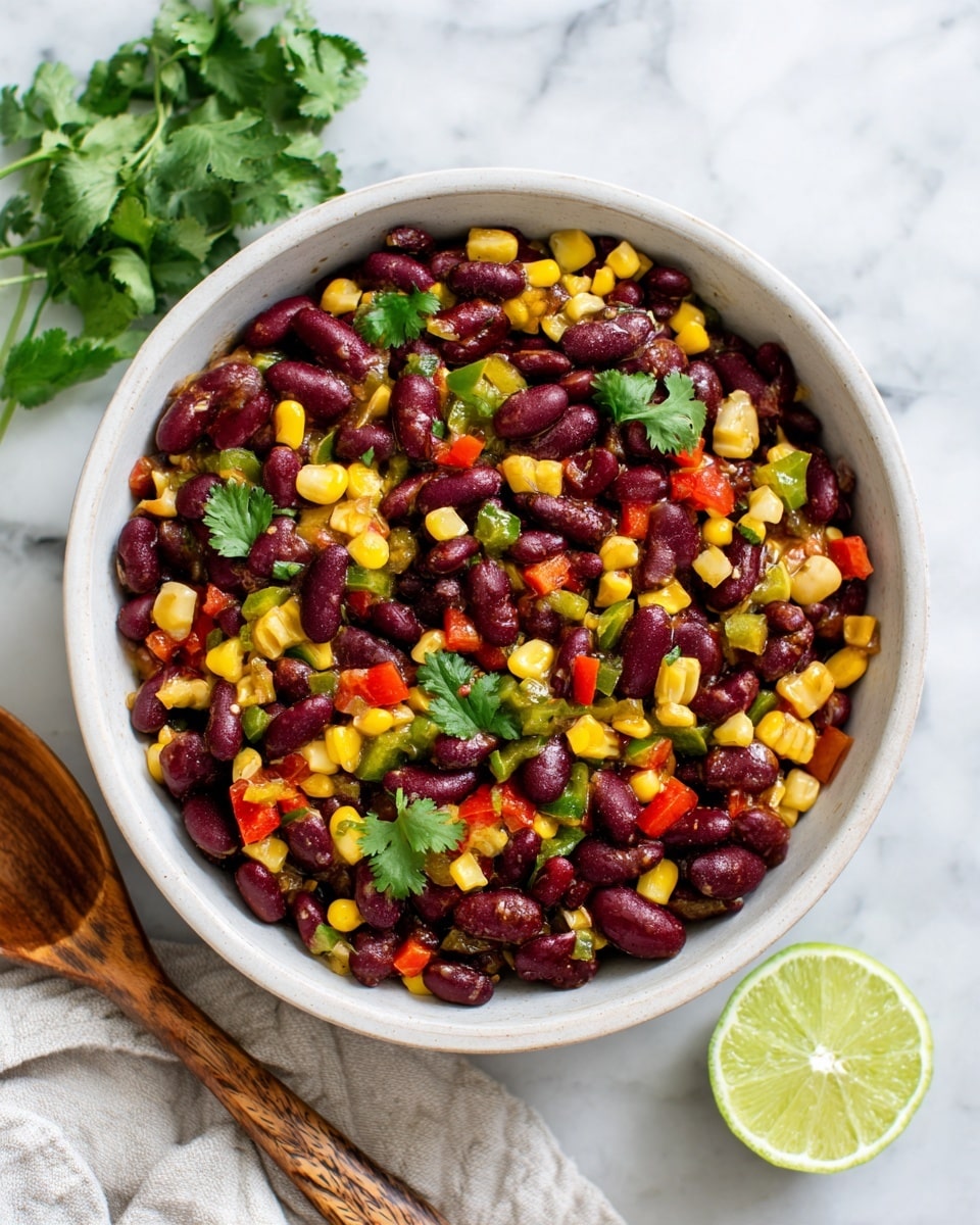 A white bowl filled with a colorful mix of beans and vegetables. The dish has three main layers: dark red kidney beans scattered all over, glossy black beans mixed evenly, and bright yellow corn kernels spread throughout. These beans and corn layers are covered with small pieces of red bell peppers and green diced peppers, adding a crunchy texture. Fresh cilantro leaves are placed on top for a fresh green accent. The bowl sits on a white marbled surface with a rustic wooden spoon and half a lime beside it. Photo taken with an iphone --ar 4:5 --v 7