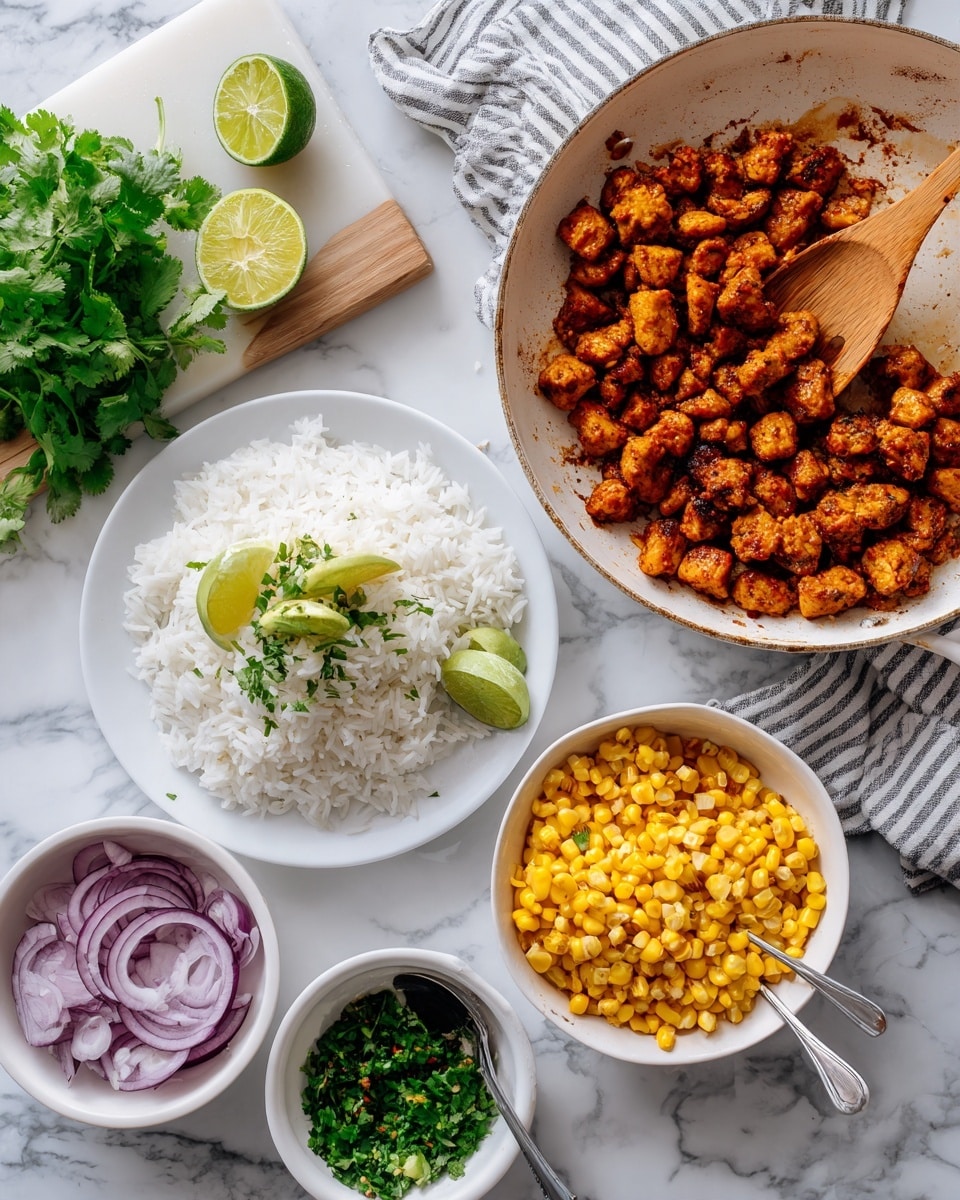 A scene of cooked food ingredients arranged on a white marbled surface, featuring a white frying pan filled with many golden brown, seasoned small pieces of cooked meat or tofu being stirred with a wooden spoon, placed at top right. Below it is a white plate holding a fluffy pile of white rice, garnished with herbs and two lime wedges. To the right of the rice is a small round white bowl filled with bright yellow corn kernels with a spoon. Underneath that is a small white bowl holding fresh green chopped herbs. At bottom left is a white bowl with finely diced tomato and onion salsa. Thin slices of purple onion are scattered near the bowls. At top left, a white cutting board with fresh green cilantro and a lime half rests on the surface, alongside a striped kitchen towel. The colors are vibrant, textures vary from soft rice to crispy meat and fresh herbs. Photo taken with an iphone --ar 4:5 --v 7