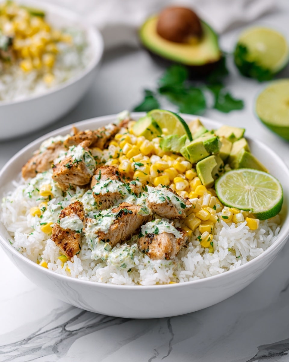 A white bowl filled with a base layer of fluffy white rice, topped with a mixture of yellow corn kernels and small green bits of herbs mixed with a creamy dressing. Scattered on top are pieces of seasoned, browned chicken with a slightly crispy texture, and chunks of fresh green avocado. A lime wedge with a bright green rind and juicy pale green inside rests on the edge of the rice, adding a fresh look. The bowl sits on a white marbled surface with a halved avocado and another white bowl blurred in the background. Photo taken with an iphone --ar 4:5 --v 7