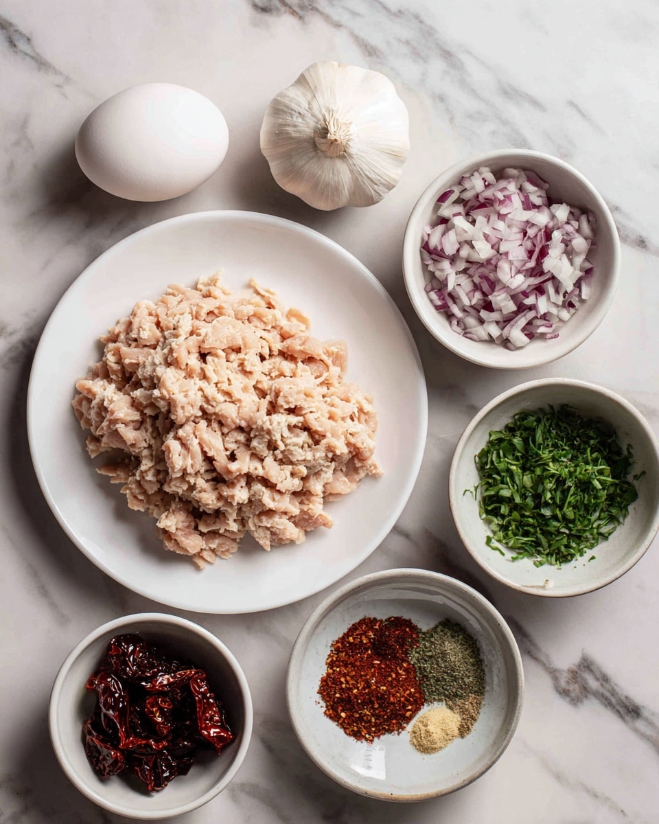The image shows a white plate with light pink ground chicken on the left side. Around it are four white bowls containing different ingredients: one bowl has dark brown chopped sun-dried tomatoes at the bottom left, another has finely chopped red and white onions at the right, the third has finely chopped green herbs, and the fourth bowl has a mix of ground spices and dill. In the middle of the image are a whole white egg and a whole garlic bulb placed on a black marble surface. The background is a white marbled texture. photo taken with an iphone --ar 4:5 --v 7
