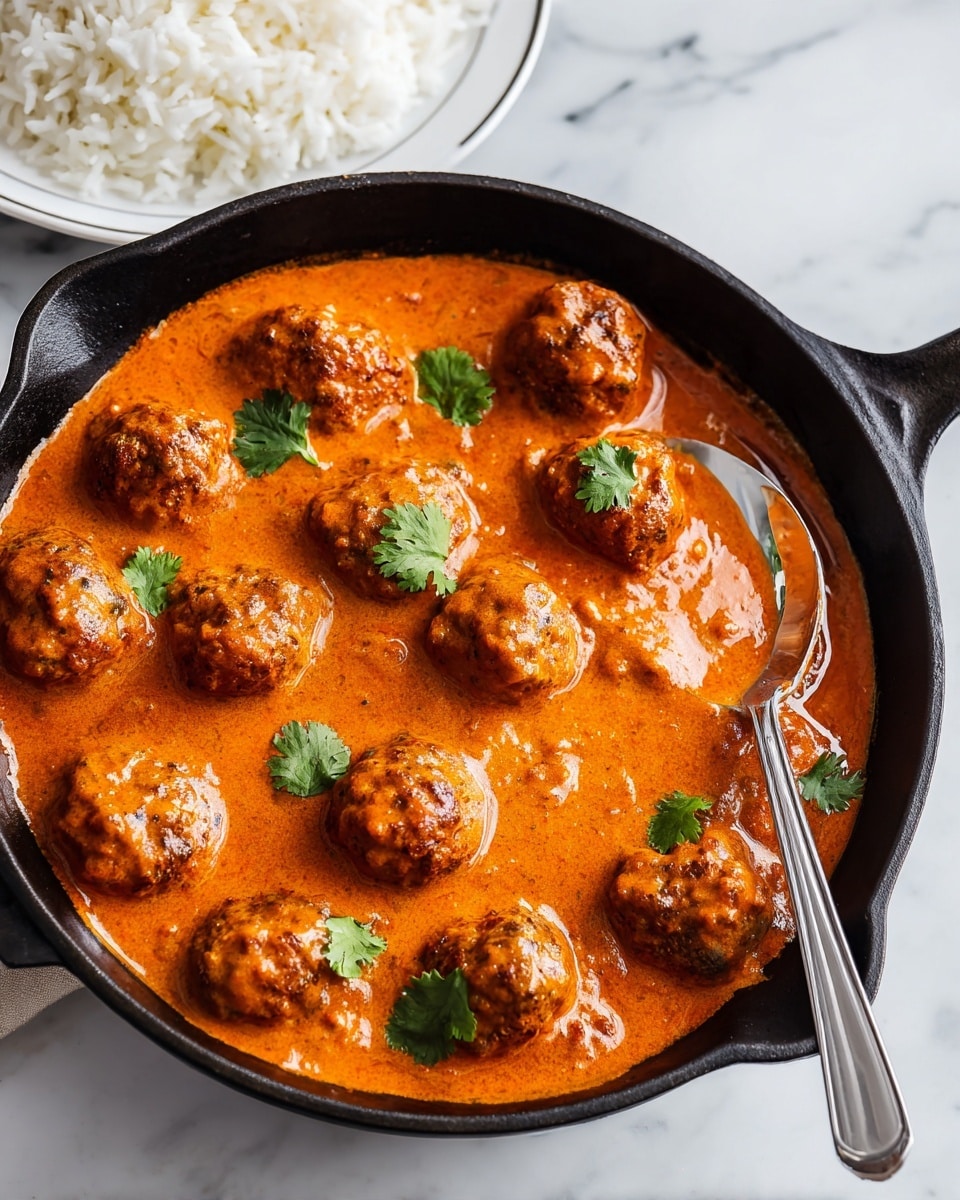 A black cast iron pan filled with a thick, smooth orange sauce covering about 3 layers of small round meatballs, each meatball lightly browned and partially visible under the sauce. Some meatballs have small green cilantro leaves on top, adding a splash of color. A silver spoon is resting upright inside the pan on the right side. In the background, there is a white plate with fluffy white rice. The surface beneath is white marbled texture. photo taken with an iphone --ar 4:5 --v 7