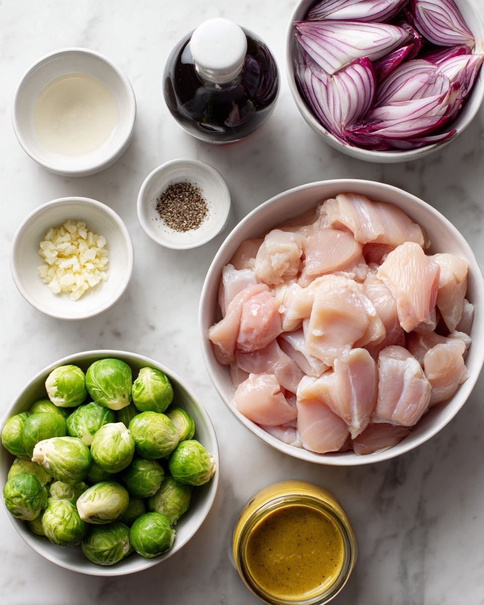 A top view of raw chicken pieces with a pale pink and smooth texture placed in a white bowl in the center. Above it and slightly to the right, there is a white bowl with thick purple and white onion quarters showing their layered texture. Below that and to the right is a dark bottle of balsamic vinegar with a white cap. To the left of the chicken bowl, there are three small round white bowls, one holding a clear liquid, one with a mix of black pepper and salt, and one with minced garlic showing a finely chopped yellow texture. Below the chicken bowl is a white bowl filled with bright green Brussels sprouts, some whole and some cut in halves showing a layered inner texture. To the bottom left corner is a jar of yellow mustard tilted slightly. The whole scene is set on a white marbled surface photo taken with an iphone --ar 4:5 --v 7