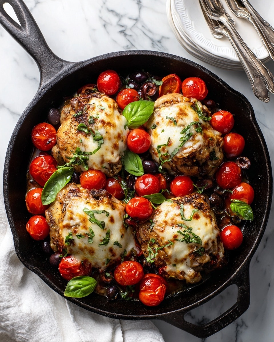 A black cast iron pan filled with four baked chicken thighs scattered evenly, each topped with melted golden cheese. Surrounding the chicken are many bright red cherry tomatoes, some whole and some halved, mixed with a few black olives. Green basil leaves are sprinkled on top for an added fresh color contrast. The pan sits on a white marbled surface, with a white cloth and stacked white plates with silver forks visible in the background. Photo taken with an iphone --ar 4:5 --v 7