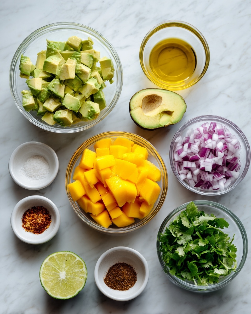 The image shows a white marbled surface with several small clear glass bowls arranged neatly. One bowl contains diced green avocado, another holds bright yellow chunks of mango, a third has small pieces of red onion, and a fourth has chopped green cilantro. There is also a half lime with bright yellow-green flesh placed near the bowls. Nearby, there is a small clear bowl with oil and a few small white and brown bowls containing some spices. The arrangement is clean and colorful, highlighting the fresh ingredients. Photo taken with an iphone --ar 4:5 --v 7