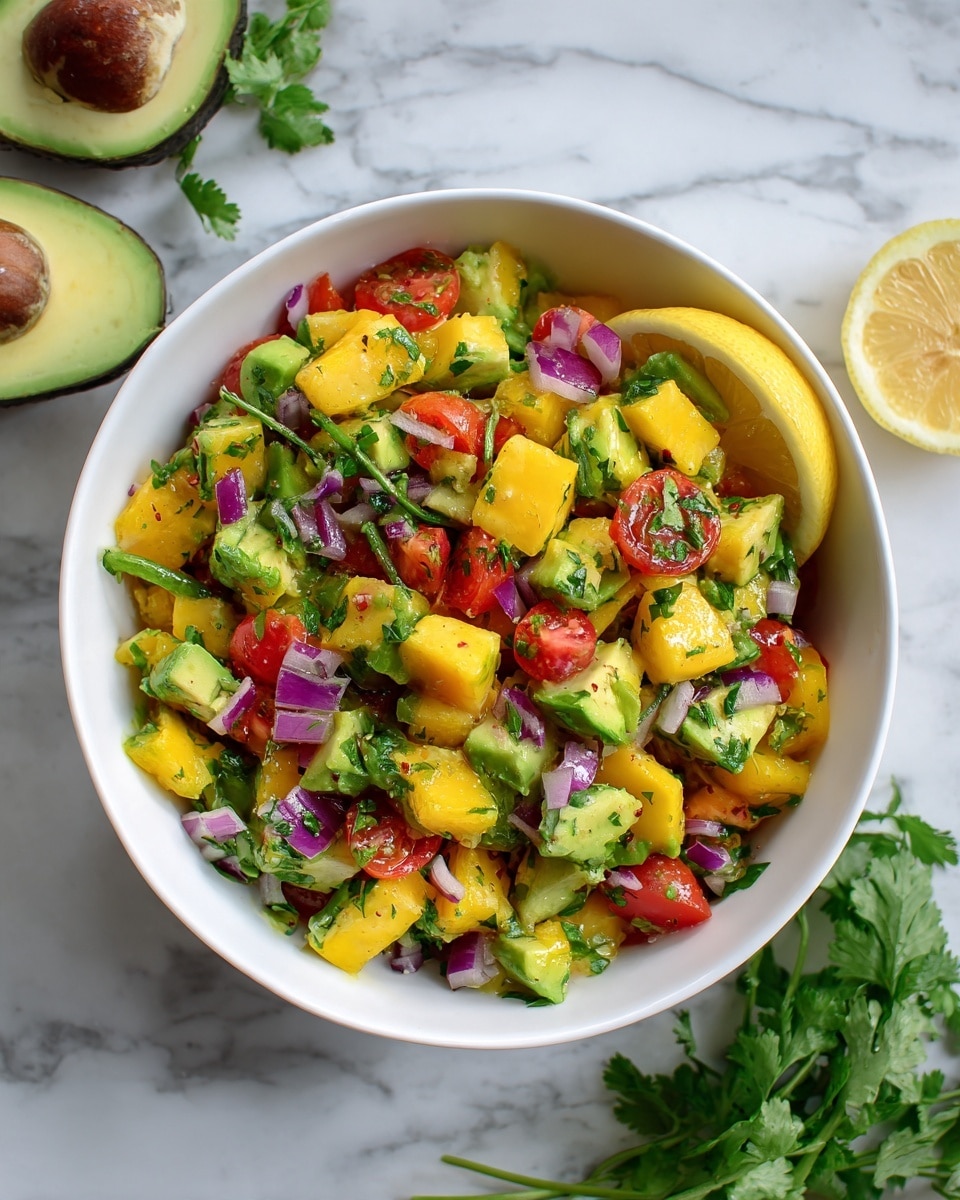 The image shows a white bowl filled with a colorful fruit and vegetable salad. The salad has three main layers mixed together: bright yellow mango chunks, green avocado pieces, and red cherry tomato halves. Small bits of finely chopped red onion are sprinkled evenly throughout, adding a purple touch. Fresh green herb leaves are scattered on top, adding a fresh, leafy look. A lemon wedge leans on the side inside the bowl. The bowl is placed on a white marbled surface, with some fresh cilantro leaves near it and a halved avocado and lemon visible near the top edges. photo taken with an iphone --ar 4:5 --v 7