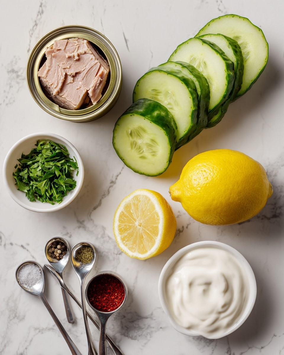 The image shows a top view of fresh ingredients arranged neatly on a white marbled surface. There is an open can of light brown tuna at the top left. Below it, several slices of fresh green cucumber are stacked and spread in a neat way. In the center is a bright yellow lemon. To the right of the lemon are three metal measuring spoons with red powder, salt, and black pepper. Above them, a small white bowl holds bright chopped green herbs, and another white bowl contains smooth white yogurt. The colors are fresh and natural, with green, yellow, and white standing out clearly. photo taken with an iphone --ar 4:5 --v 7