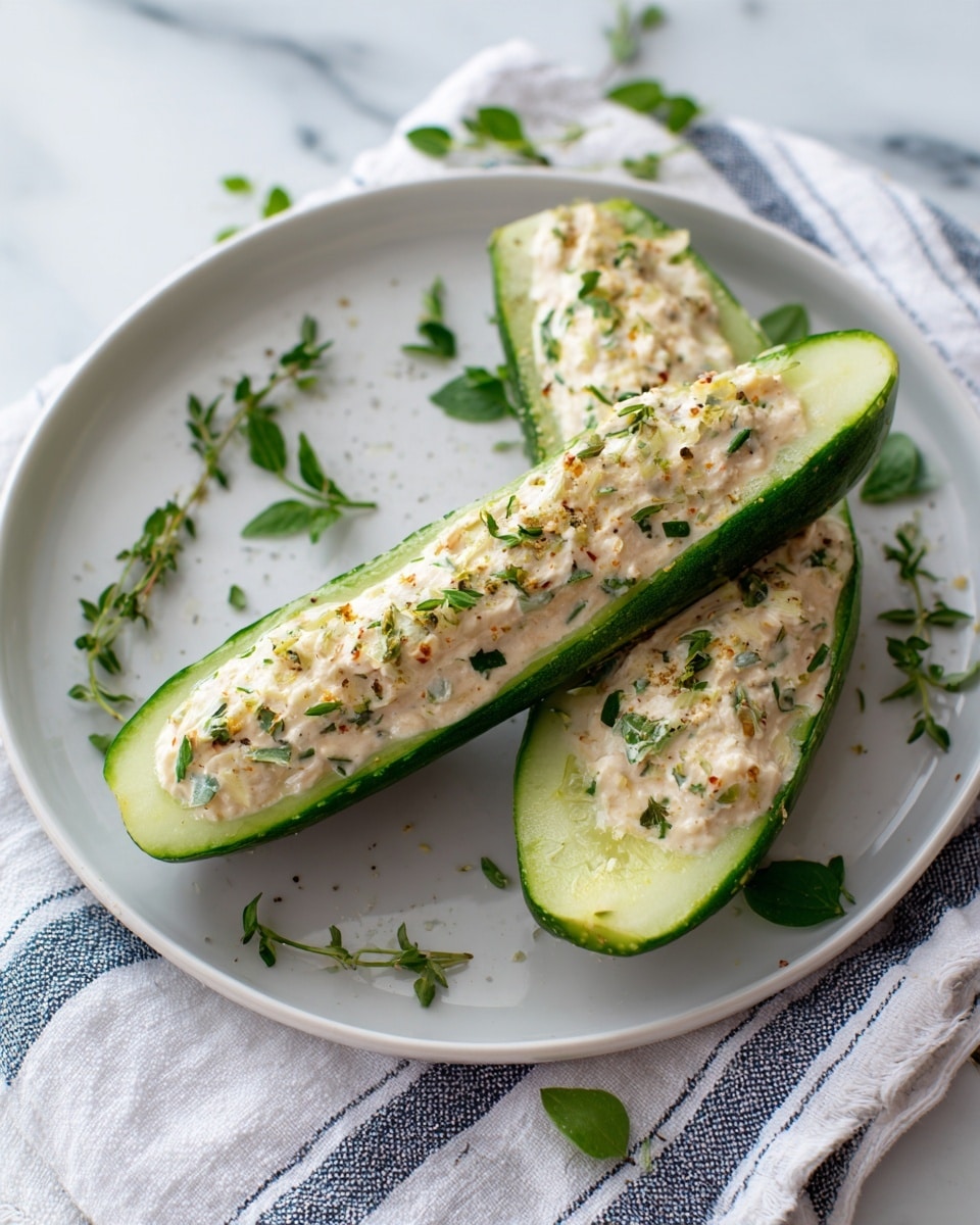 The image shows two long, light green cucumber halves hollowed out and filled with a creamy, pale beige mixture that has small green herb pieces throughout. The cucumbers are laid side-by-side on a simple white plate, which rests on a white and blue striped towel. Small green herb leaves are scattered around the plate and on the cucumber filling. The background and surface have a soft, white marbled texture. Photo taken with an iphone --ar 4:5 --v 7