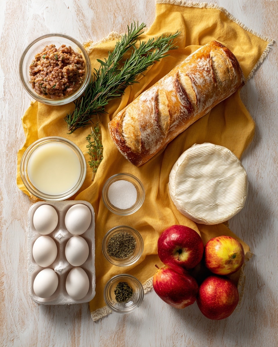 The image shows a top view of various cooking ingredients arranged neatly on a light wooden table with a textured yellow cloth underneath some items. There is a clear glass bowl containing a rolled cylinder of ground meat on the left center. Below it, a sprig of fresh green rosemary lies diagonally. To the right of the meat and rosemary, a golden brown artisan loaf of bread with two scored patterns on top rests partly on the yellow cloth. Near the bread, a round white cheese wheel sits on the right side, with cream-colored rind visible. Below the bread, two red apples with subtle yellow-green patches are placed close together. A white egg tray with six white eggs is to the bottom left. Parallel to the apples and eggs, three small glass bowls hold pepper, dried herbs, and a white creamy liquid respectively. The background is a white marbled texture. photo taken with an iphone --ar 4:5 --v 7