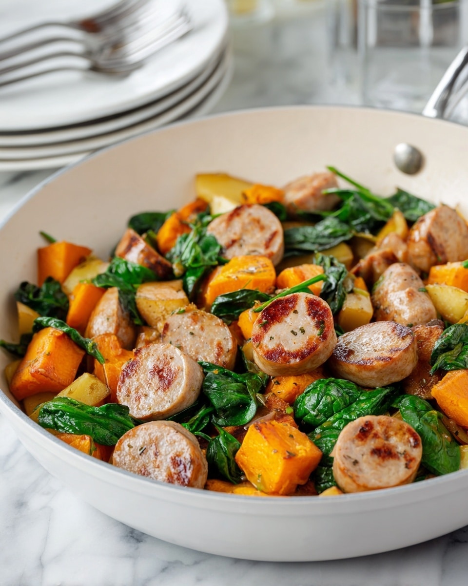 The image shows a white pan filled with cooked pieces of light brown sausage slices, bright orange sweet potato cubes, light yellow potato cubes, and fresh dark green spinach leaves mixed together. The sausage slices have small grill marks on them. The pan is sitting on a white marbled surface, and in the background there are some stacked white plates. Photo taken with an iphone --ar 4:5 --v 7