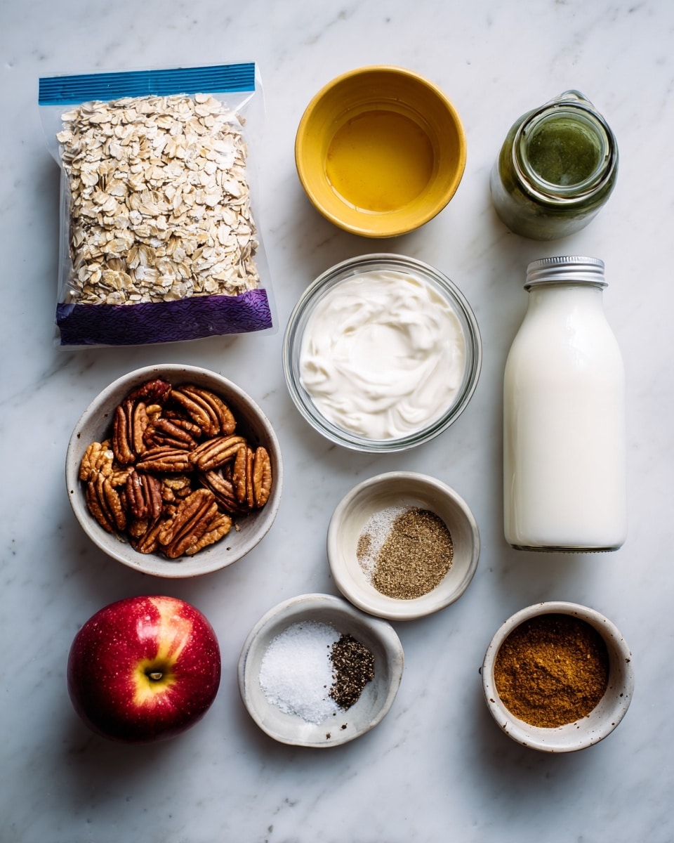 The image shows a white marbled table with various cooking ingredients neatly arranged. On the left, there is a blue and purple bag of oats clipped closed, next to a small yellow bowl with solid white coconut oil. To the right of this is a green-topped glass jar of organic buckwud syrup. Above that is a small white bowl with black pepper and next to it a small glass bowl filled with thick white yogurt or sour cream. Below these is a tiny white bowl with salt, an apple with red skin, a glass jar filled with chopped pecans, and a tall white milk bottle on the far right. Two small spice jars labeled ground cinnamon and ground nutmeg sit side by side near the center. All items are placed on a clean, white marbled surface with good lighting. Photo taken with an iphone --ar 4:5 --v 7