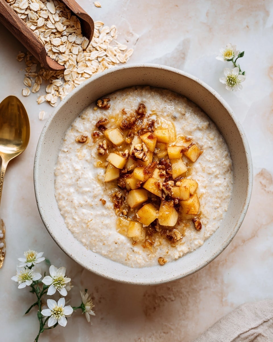 A close-up of a creamy oatmeal bowl sitting on a white marbled surface, shown from above. The oatmeal base is light beige and looks soft and thick. On top, there is a layer of small, golden-brown cooked apple cubes with a glossy look, mixed with small pieces of chopped nuts, adding texture and darker brown tones. To the top left, there is a wooden scoop spilling raw rolled oats in light yellow tones. A golden spoon lies at the bottom left, and two small white flowers are placed on the surface near the bowl. The overall scene is warm and inviting, with natural light highlighting the textures and colors of the dish. photo taken with an iphone --ar 4:5 --v 7