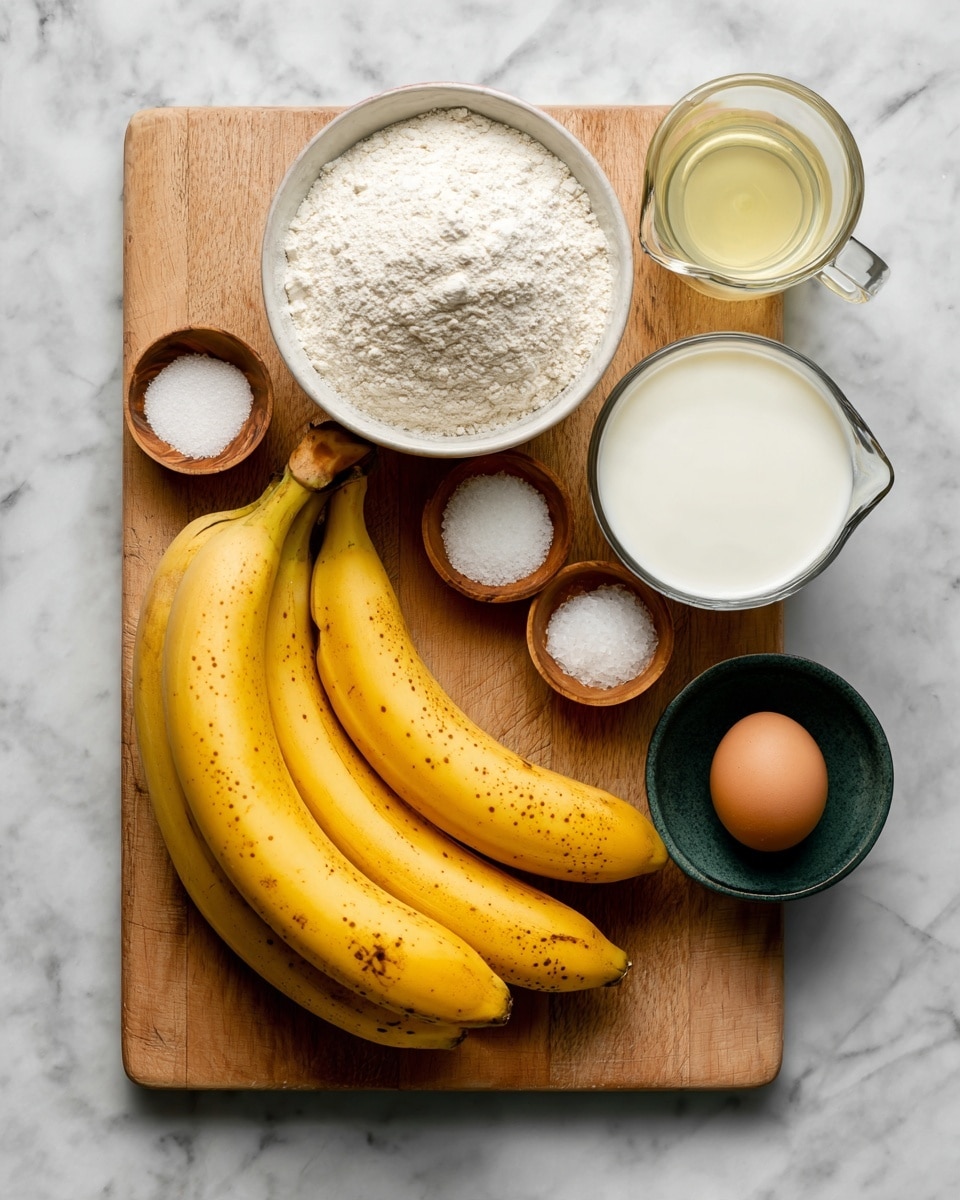 The image shows a white marbled surface with a wooden cutting board in the center holding two whole yellow bananas with small brown spots. Above the board are three small wooden bowls in a row containing salt, sugar, and baking powder from left to right. To the left side of the board is a white bowl filled with white flour and above it a small clear glass container with a light yellow liquid, likely oil. On the right side, there is a clear glass measuring cup filled with white milk near the top right corner. Below the milk, a dark green small bowl holds a single brown egg. All items are neatly arranged in a flat lay style. photo taken with an iphone --ar 4:5 --v 7