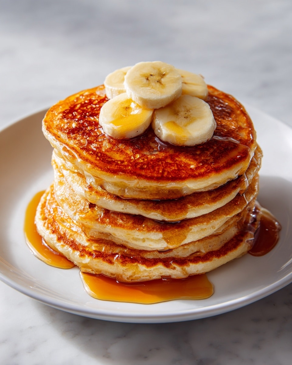 A stack of five golden brown pancakes sits on a white plate, each pancake thick with a slightly uneven, fluffy texture. On top of the stack, there are three small slices of light yellow banana arranged in a triangle. Rich, amber syrup is drizzled generously over the pancakes, flowing down the sides in thick, shiny streams that catch the light. The plate rests on a white marbled surface, and the whole scene is brightly lit, showing the warm colors and textures clearly. Photo taken with an iphone --ar 4:5 --v 7