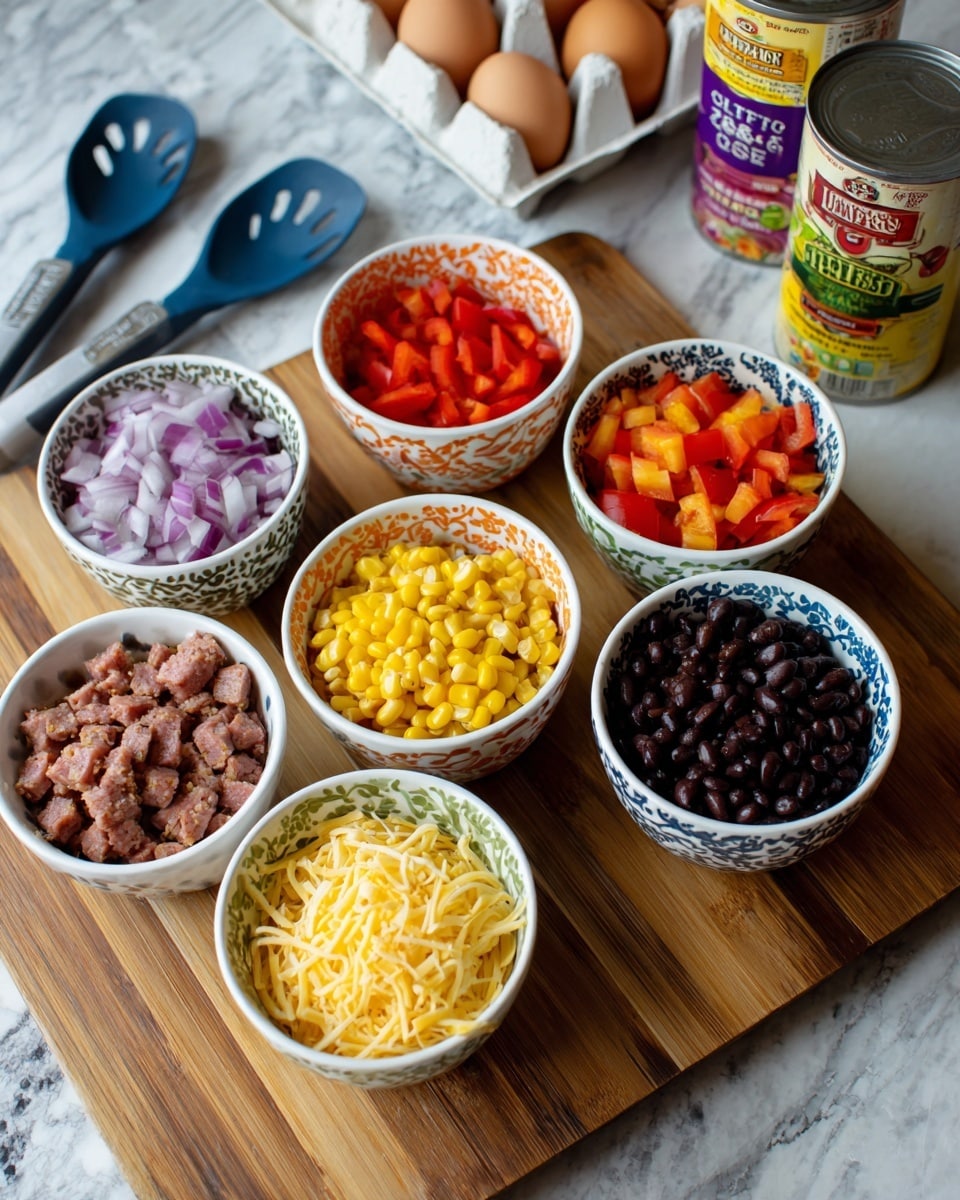 The image shows six small square bowls arranged in two rows on a wooden cutting board. The top row has bowls with chopped red onions in a white bowl with an orange pattern, chopped red bell peppers in a white bowl with an orange pattern, and diced sausage in a white bowl with a yellow pattern from left to right. The bottom row holds black beans in a white bowl with a green pattern, yellow corn kernels in a white bowl with a blue pattern, and shredded cheese in a white bowl with a purple pattern from left to right. Behind the bowls, there are blue measuring spoons on the left, a carton of egg beaters in the middle, and a can of diced tomatoes and green chilies on the right, all on a white marbled textured surface. photo taken with an iphone --ar 4:5 --v 7