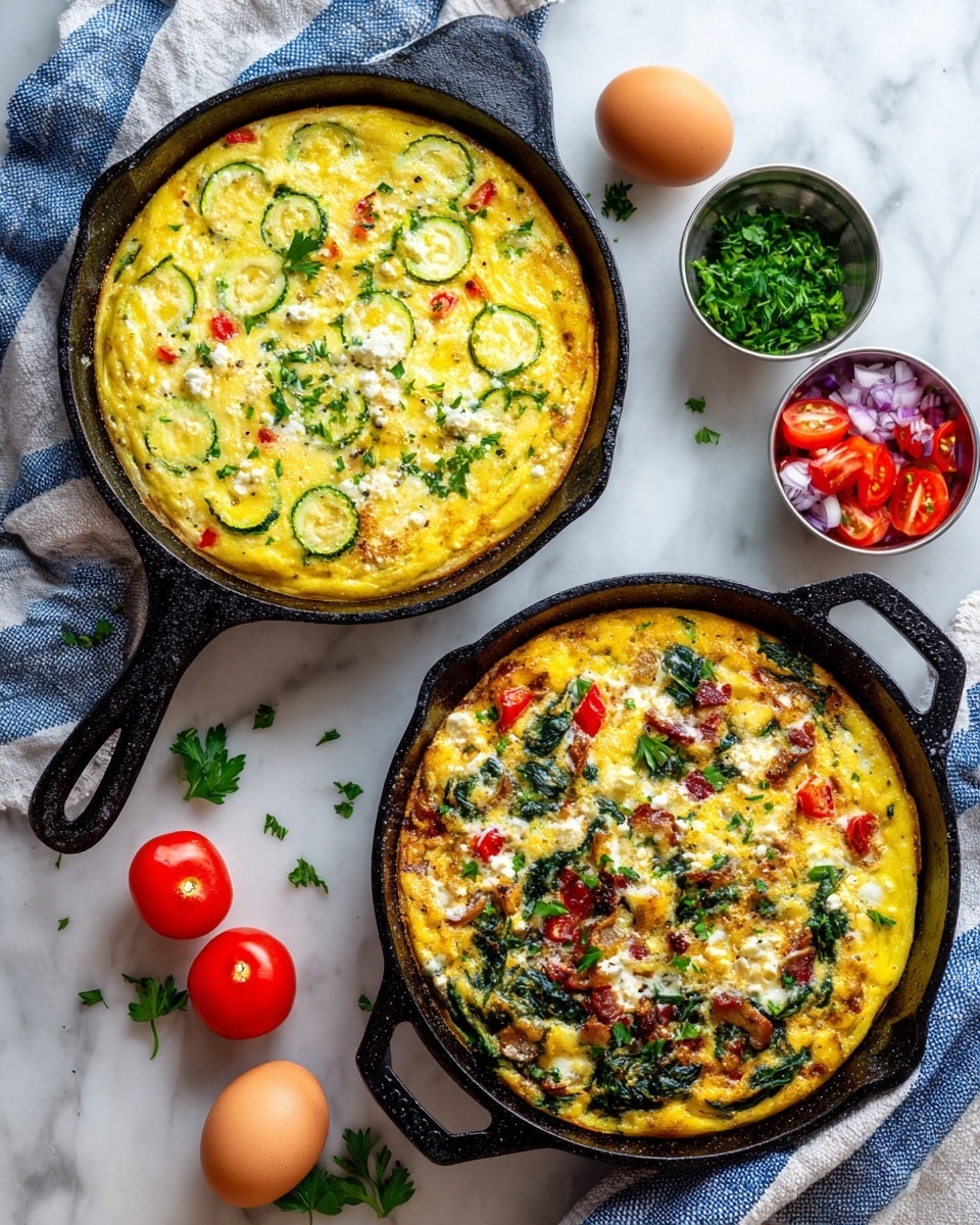 Two black cast iron skillets are placed on a white marbled surface, each filled with a cooked frittata. The top skillet has a golden-yellow egg base with evenly spaced green zucchini slices, small diced red bell peppers, melted white cheese patches scattered on top, and fresh green parsley leaves. The bottom skillet shows a thicker yellow egg layer mixed with dark green spinach leaves, bright red cherry tomato halves, crumbled white cheese, and strips of cooked meat, creating a colorful and textured appearance. Surrounding the skillets are three eggs, two small metal cups with chopped red onions and parsley, a metal cup holding halved cherry tomatoes, a whole cherry tomato, and a striped blue and white cloth on the edges. Photo taken with an iphone --ar 4:5 --v 7