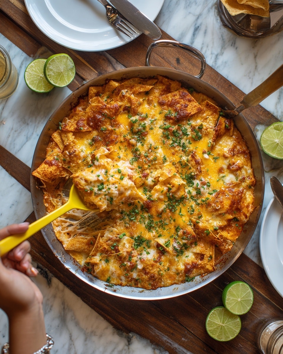 A large round pan filled with a layered dish showing a top layer of melted light yellow cheese with gooey texture spread unevenly. Beneath the cheese is a mix of reddish-orange sauce and chunks of soft tortilla chips or pieces, giving the surface a rough texture with some crispy edges. Green chopped herbs are sprinkled on top, adding a fresh contrast. A woman's hand holds a yellow spoon scooping a portion from the pan, revealing a thick place of cheesy sauce covering the chips. Lime wedges are placed on the white marbled surface around the pan, adding a bright green color. The pan sits on a wooden table with white plates and utensils nearby. photo taken with an iphone --ar 4:5 --v 7