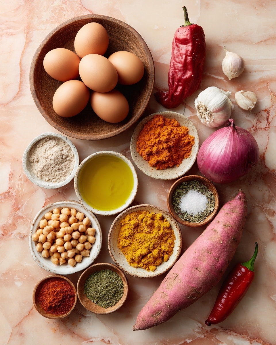 The image shows various raw ingredients arranged neatly on a pinkish-white marbled surface. There are four brown eggs in a round wooden bowl on the left side. Next to it are small white and wooden bowls containing yellow oil, salt and pepper, chickpeas, and different powdered spices in red, yellow, and green colors. A whole red pepper, two sweet potatoes, and a red onion are placed beside the bowls, along with two garlic cloves near the top right. Everything is spread out clearly with natural lighting. Photo taken with an iphone --ar 4:5 --v 7