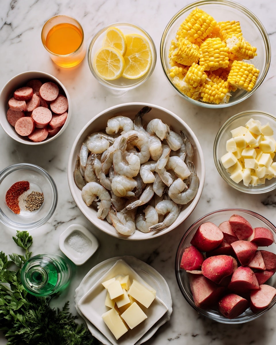 The image shows a white bowl in the center filled with raw shrimp, surrounded by several smaller white bowls and glass containers. On the left, there is a white bowl with round slices of sausage, a glass container with yellow lemon wedges, and a small glass container with orange liquid. To the right of the shrimp, a white bowl holds peeled corn pieces, and near it are two glass bowls, one with minced garlic and another with butter cubes on a white square plate. Below the shrimp bowl is a clear glass bowl filled with red-skinned potatoes cut into chunks, next to a white circular plate with reddish-brown seasoning, and some green leafy herbs near the bottom left corner. A small white square dish with salt and pepper, and a green glass bottle are also visible, all placed on a white marbled surface photo taken with an iphone --ar 4:5 --v 7