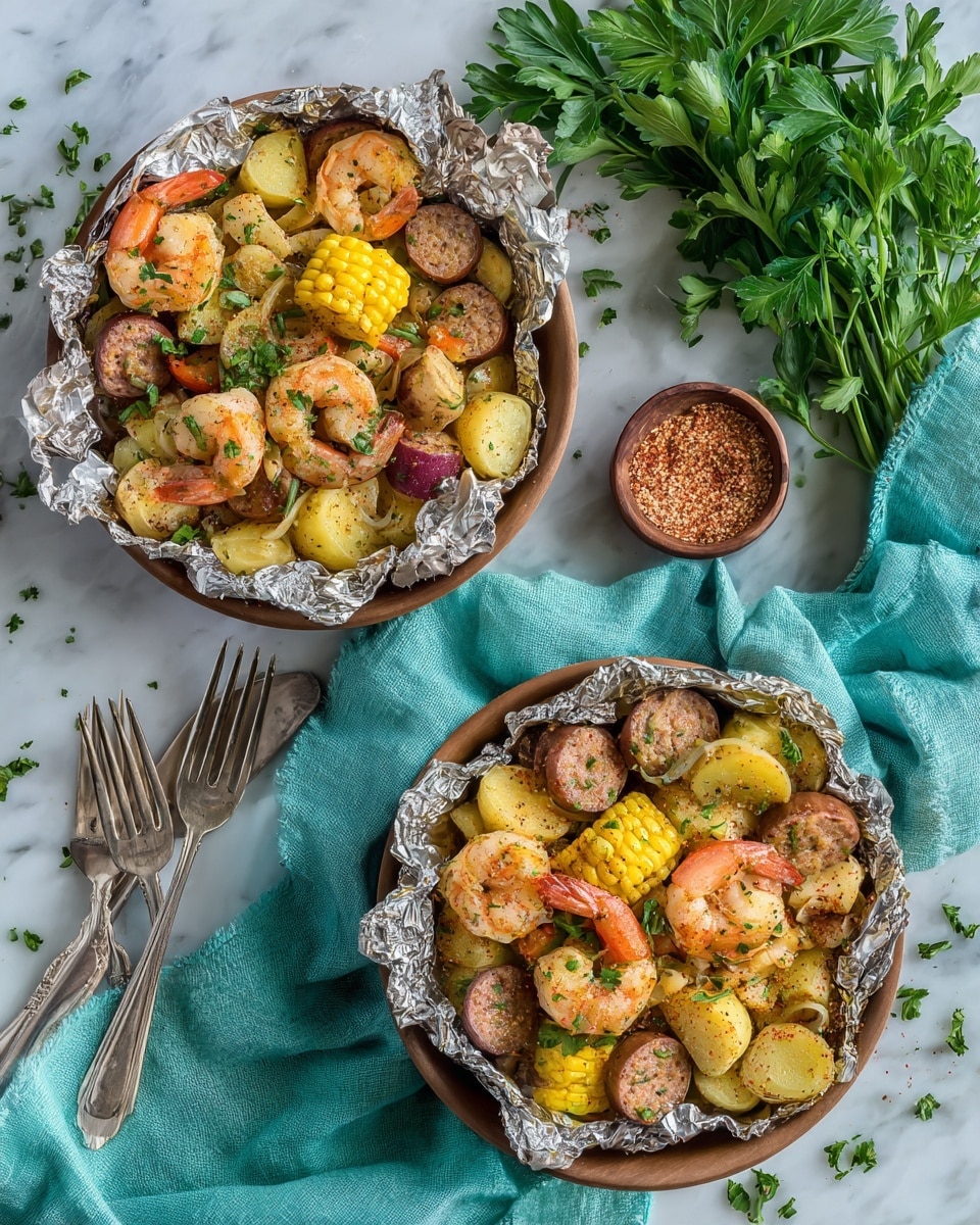 Two brown bowls lined with crinkled aluminum foil hold a seafood and vegetable mix, placed on a white marbled surface. Each bowl contains bright orange shrimp with a slightly shiny texture, yellow corn slices with visible kernels, red small potatoes, and pieces of browned sausage. Green chopped herbs are sprinkled on top, adding a fresh touch. Near the bowls lie two silver forks and a small container of reddish seasoning. A bunch of green parsley and a turquoise cloth are arranged beside the bowls, giving a fresh, rustic look. photo taken with an iphone --ar 4:5 --v 7