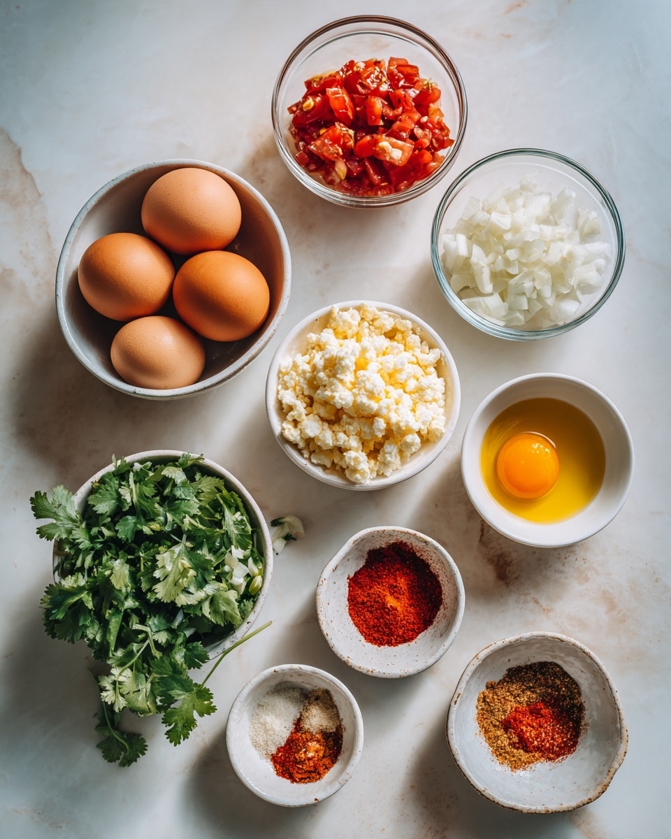 The image shows an overhead view of several small clear and white bowls arranged neatly on a white marbled surface. In the center, there is a white bowl holding six whole brown eggs. Around it, bowls contain various ingredients: bright red chopped tomatoes, a small heap of fresh green cilantro leaves, white diced onions, crumbled white cheese, minced garlic, a golden-yellow liquid likely oil, bright red paprika or chili powder, crushed tomatoes inside an open white can, and small amounts of ground spices in three white bowls. The colors are vibrant, and everything is arranged carefully to show each ingredient clearly. The lighting is soft and natural. Photo taken with an iphone --ar 4:5 --v 7