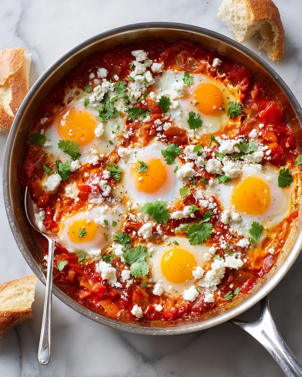 A round silver frying pan sits on a white marbled surface, filled with a vibrant shakshuka dish featuring six sunny-side-up eggs arranged evenly throughout. The base layer is a chunky, rich red tomato sauce speckled with bits of cooked onions and peppers. On top of the sauce, the egg whites are smooth and soft, surrounding bright yellow yolks. Crumbled white cheese is scattered unevenly over the top, adding texture and brightness. Small green cilantro leaves are spread across the dish for a fresh pop of color. A silver spoon rests inside the pan near the bottom left, and pieces of crusty bread lie partially visible on the edges of the frame. photo taken with an iphone --ar 4:5 --v 7