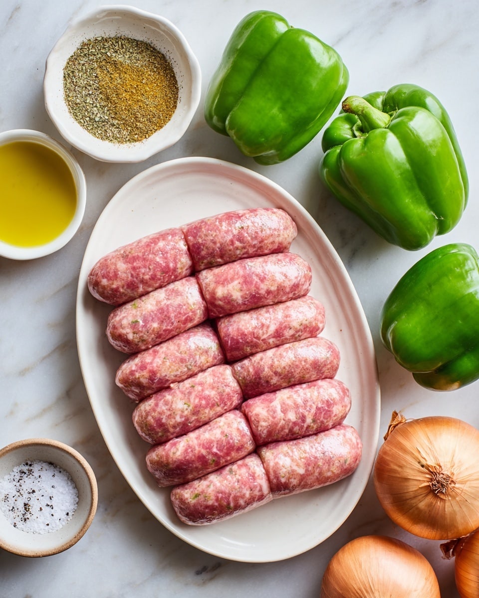 The image shows a white oval plate filled with eight raw sausages, pink with fat streaks, laid side by side in two rows. Around the plate, there are three slightly brown onions and three shiny green bell peppers placed on a white marbled surface. Above the plate, there is a small white bowl with yellow olive oil and a white bowl filled with mixed dried spices in green and beige colors. A small white dish with salt and black pepper is next to the plate on the left side. The overall look is fresh and organized, with natural lighting highlighting the colors of the ingredients. Photo taken with an iphone --ar 4:5 --v 7