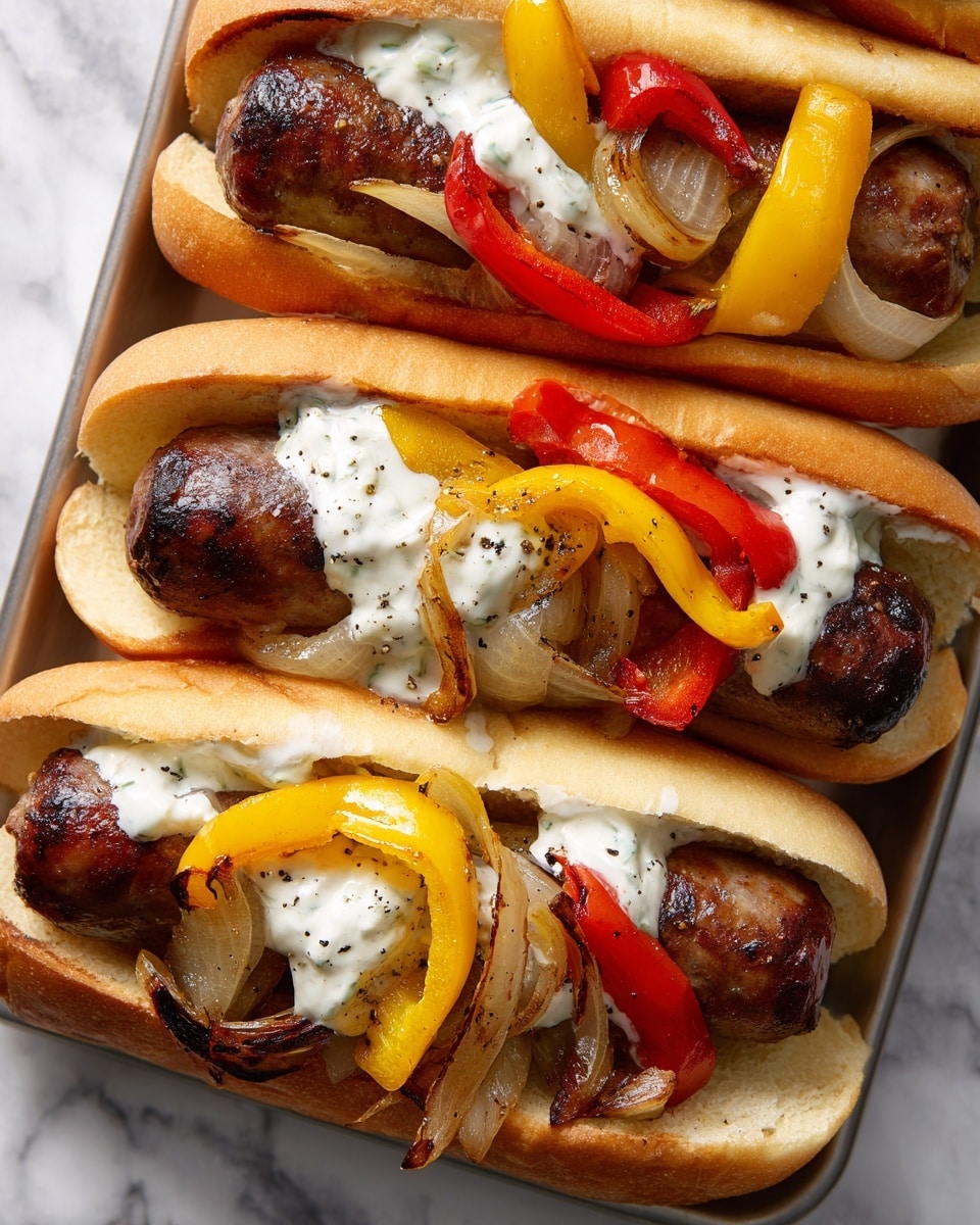 The image shows three sausages placed inside soft, light brown buns arranged closely on a tray. Each sausage is dark brown and juicy, topped with cooked onion slices that are slightly translucent and tender, along with strips of yellow and red bell peppers that look soft and shiny. There is a white creamy sauce drizzled unevenly over the sausages and vegetables, with a few specks of black pepper sprinkled on top, creating a contrast of colors. The background surface is a white marbled texture. photo taken with an iphone --ar 4:5 --v 7
