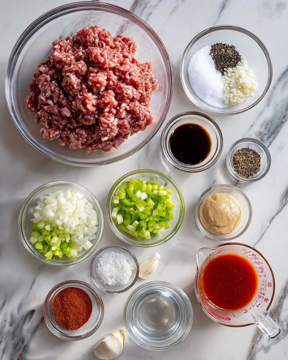 A top-down view of a white marbled surface holding a collection of clear glass bowls and measuring cups with various ingredients. On the left, a large clear glass bowl contains a mound of raw ground meat in a rough texture with red and pink tones. Surrounding it are smaller clear glass bowls and measuring cups filled with fine white salt, black pepper, dark brown liquid sauce, chopped green bell peppers, chopped white onions, finely minced garlic, smooth light brown sugar, creamy mustard, bright red tomato sauce in a measuring cup, a glass measuring cup with clear water, and a small bowl of red spice powder. Each ingredient is evenly spaced and clearly visible. Photo taken with an iphone --ar 4:5 --v 7