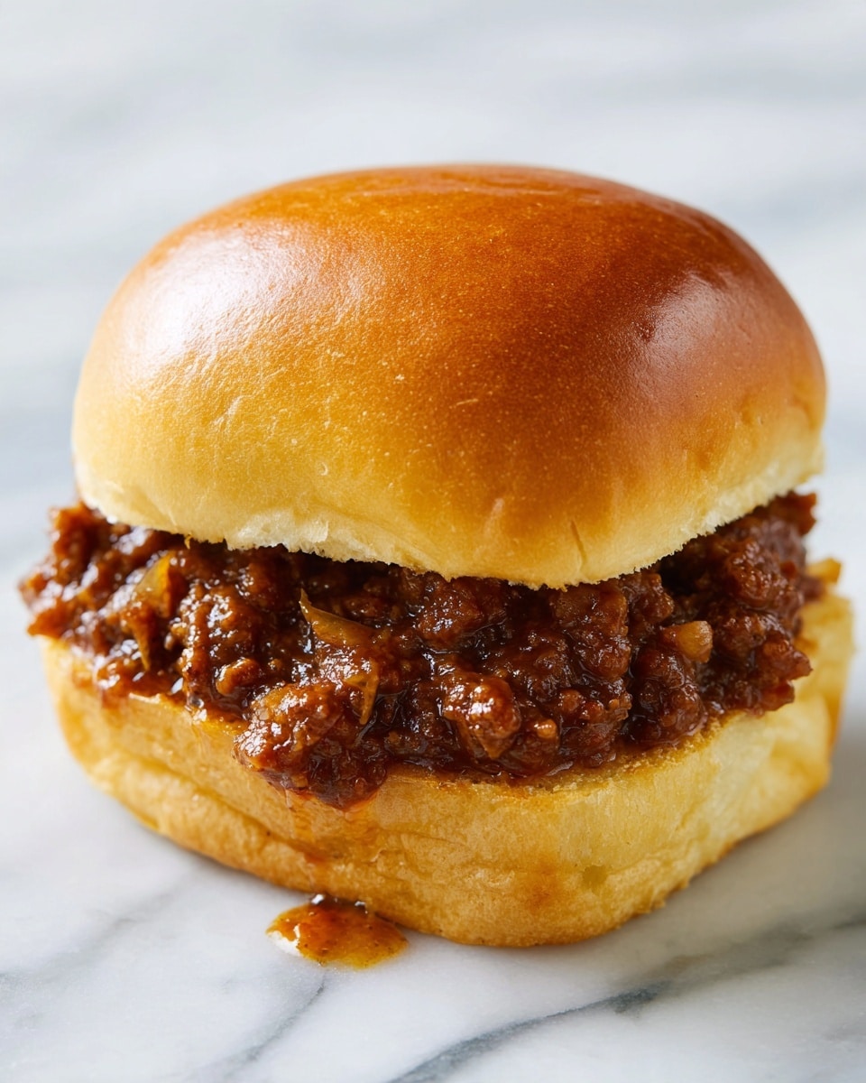 A close-up view of a sandwich showing two soft, golden-brown toasted buns with a thick, chunky layer of dark brown meat sauce filled with small pieces of meat and onions in between. The sauce looks rich and moist, spreading slightly over the edges with a small spill on the white marbled surface beneath. The buns have a smooth texture and shiny tops, and the sandwich is centered with a plain, light background. photo taken with an iphone --ar 4:5 --v 7