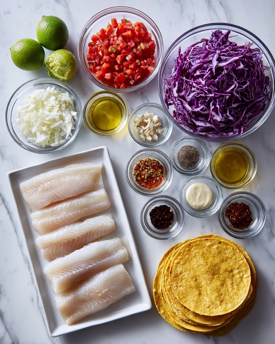 The image shows a neat arrangement of multiple ingredients on a white marbled surface. On the bottom left, there is a white rectangular plate with several raw pale fish fillets with a smooth, slightly shiny texture. To the right of the fish are several stacked yellow corn tortillas with a soft, slightly rough texture. Above the tortillas are two clear glass bowls, one filled with finely chopped red tomatoes and the other with a smooth white sauce. To the top right is a large clear glass bowl filled with finely shredded purple cabbage, its texture crisp and curly. Above the fish and tortillas, multiple small glass bowls are filled with various colorful spices, chopped garlic, oil, lime juice, and a dark chunky sauce, all neatly spaced in rows. At the top left, two lime wedges and a whole lime add bright green color. photo taken with an iphone --ar 4:5 --v 7