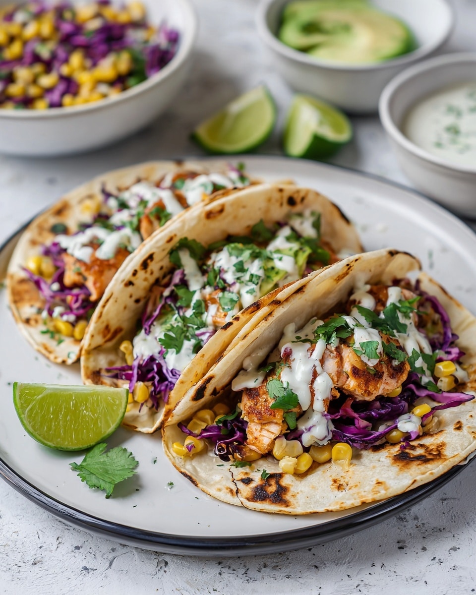 The image shows three soft corn tortillas on a white plate with a thin black rim, each filled with layers. The bottom layer is a toasted tortilla with light brown spots. Next, there is a layer of purple shredded cabbage mixed with yellow corn kernels. On top of that are pieces of cooked light brown fish with a slightly crispy texture. Small chunks of green avocado and bright green cilantro leaves are spread over the fish. A drizzle of white creamy sauce runs over the top of each taco. On the side of the plate, two green lime wedges rest near the tortillas. In the background, there are white bowls with more purple cabbage salad and light green avocado slices. The surface is a white marbled texture. Photo taken with an iphone --ar 4:5 --v 7