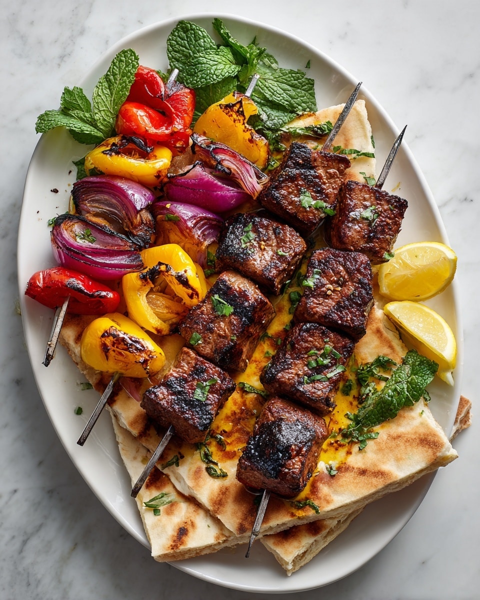 The white oval plate holds three metal skewers with grilled meat cubes that have a deep brown color and slight char marks, sitting on top of lightly toasted pita bread that has a golden-brown texture. To the left, three metal skewers with grilled red bell peppers and purple onions are arranged, showing charred edges and vibrant colors. Lemon wedges in light yellow with visible juicy pulp are placed on the plate, some near the grilled vegetables and some beside the meat skewers. Fresh green mint leaves are scattered across the dish, resting on the meat and pita bread, adding a touch of color contrast. The plate is set on a white marbled surface photo taken with an iphone --ar 4:5 --v 7